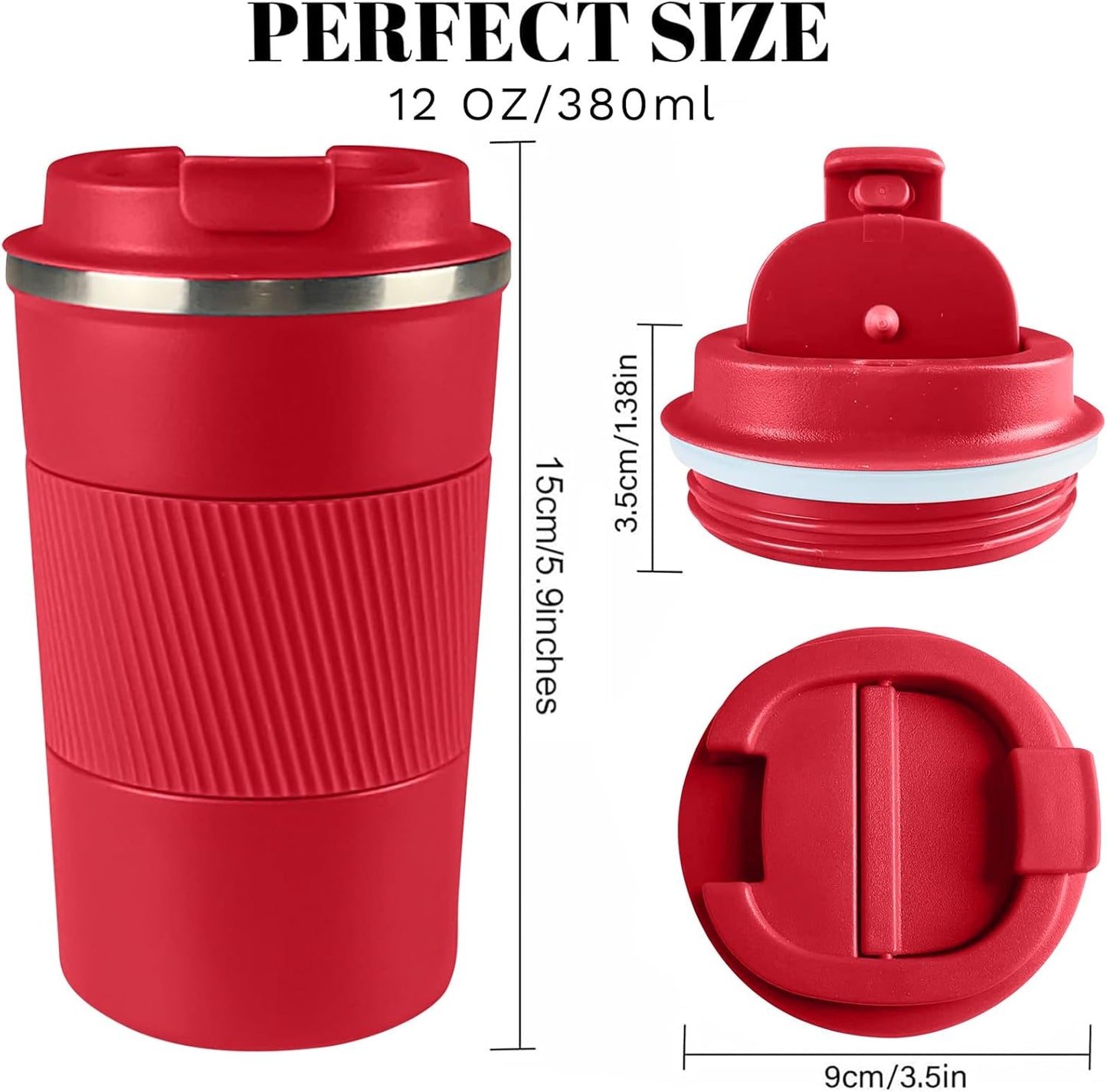YINBAOGE Insulated Travel Coffee Mug Spill Proof Leak Proof Pobtable To Go Camping Stainless Steel Coffee Tumbler Reusable Coffee Cups with Lids Thermos for Hot and Cold Drink (Red, 12 OZ)