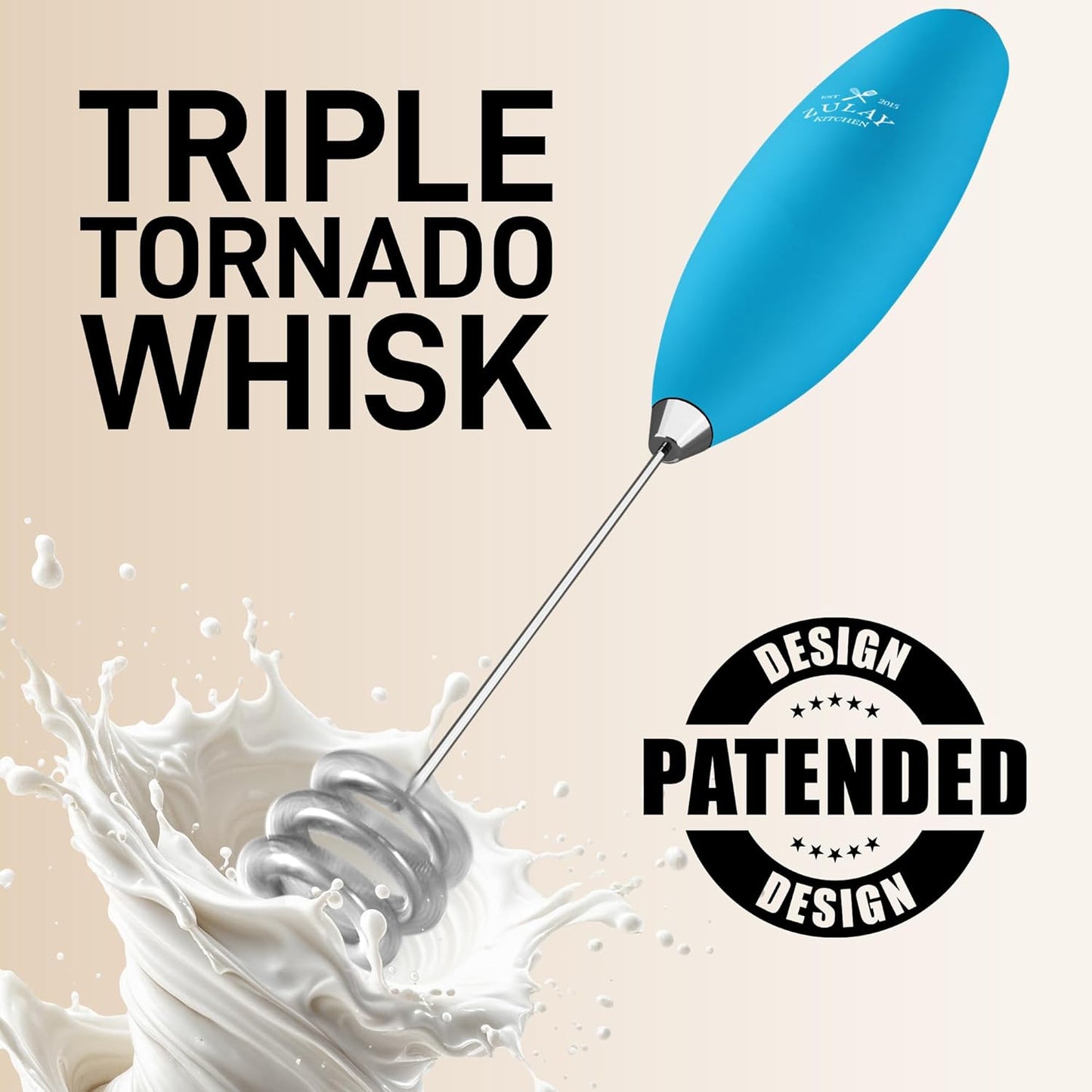 Zulay Kitchen Patented Tornado Triple Whisk Milk Frother with 4 Duracell Batteries – Handheld Foam Maker for Coffee, Lattes, Matcha & Hot Chocolate – Rich, Creamy Froth in Seconds