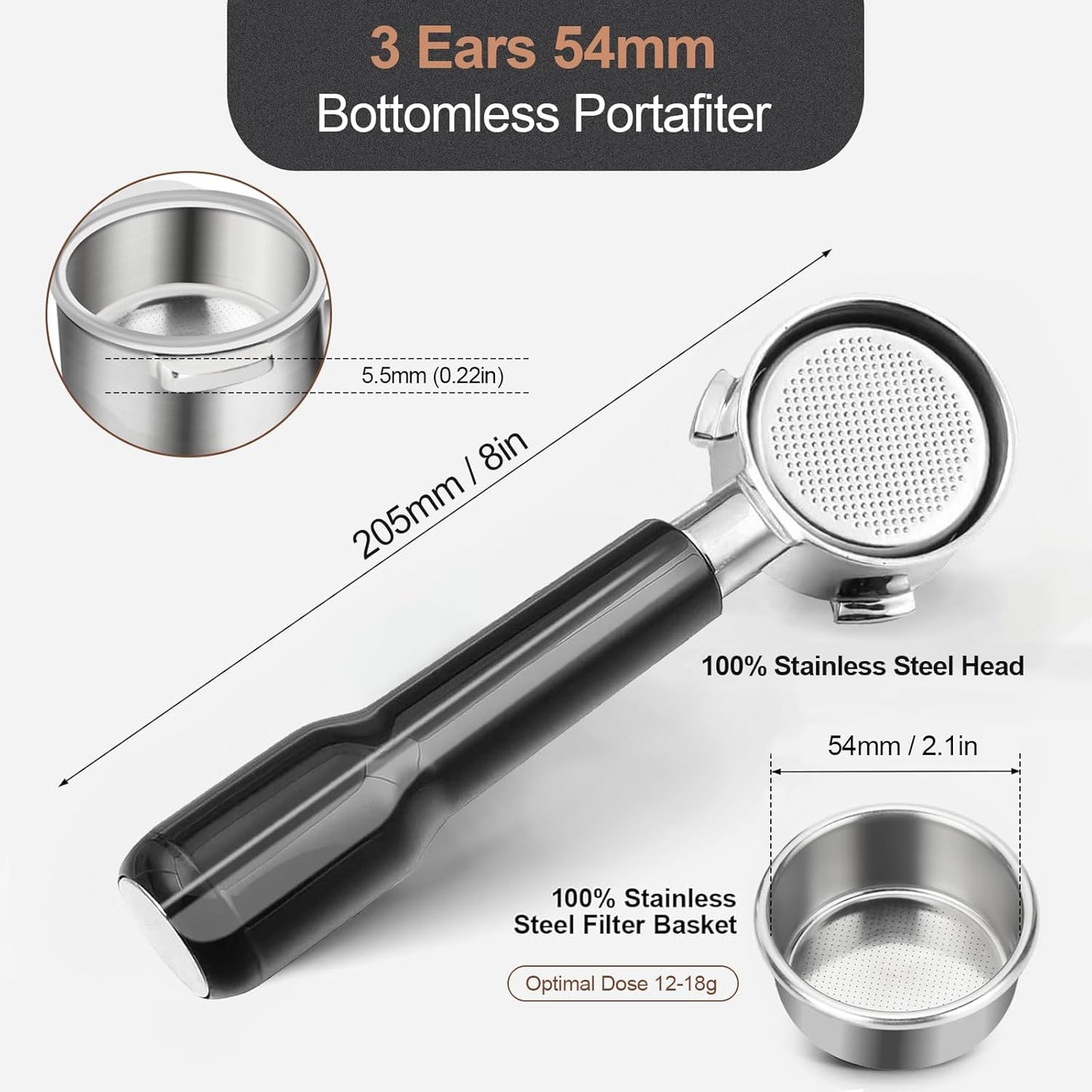 54mm Bottomless Portafilter & Puck Screen, 3-Ear Stainless Head, Compatible with Breville Barista Pro, Bambino Plus, Barista Express Impress, Infuser, Barista Touch, Duo-Temp Pro & Bambino