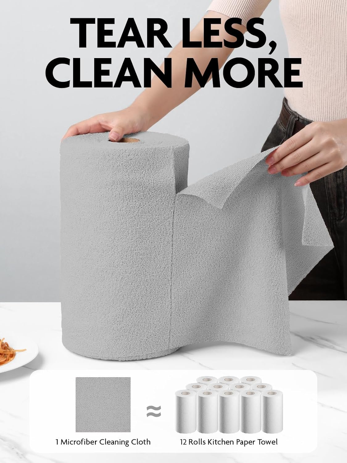 Fantasticlean Microfiber Cleaning Cloth Roll -150 Pack, Tear Away Microfiber Towels, 12" x 12", Reusable, Washable, Ultra Absorbent Dishcloth for Home Supplies, Car, Pet, Kitchen (2 Rolls of Grey)