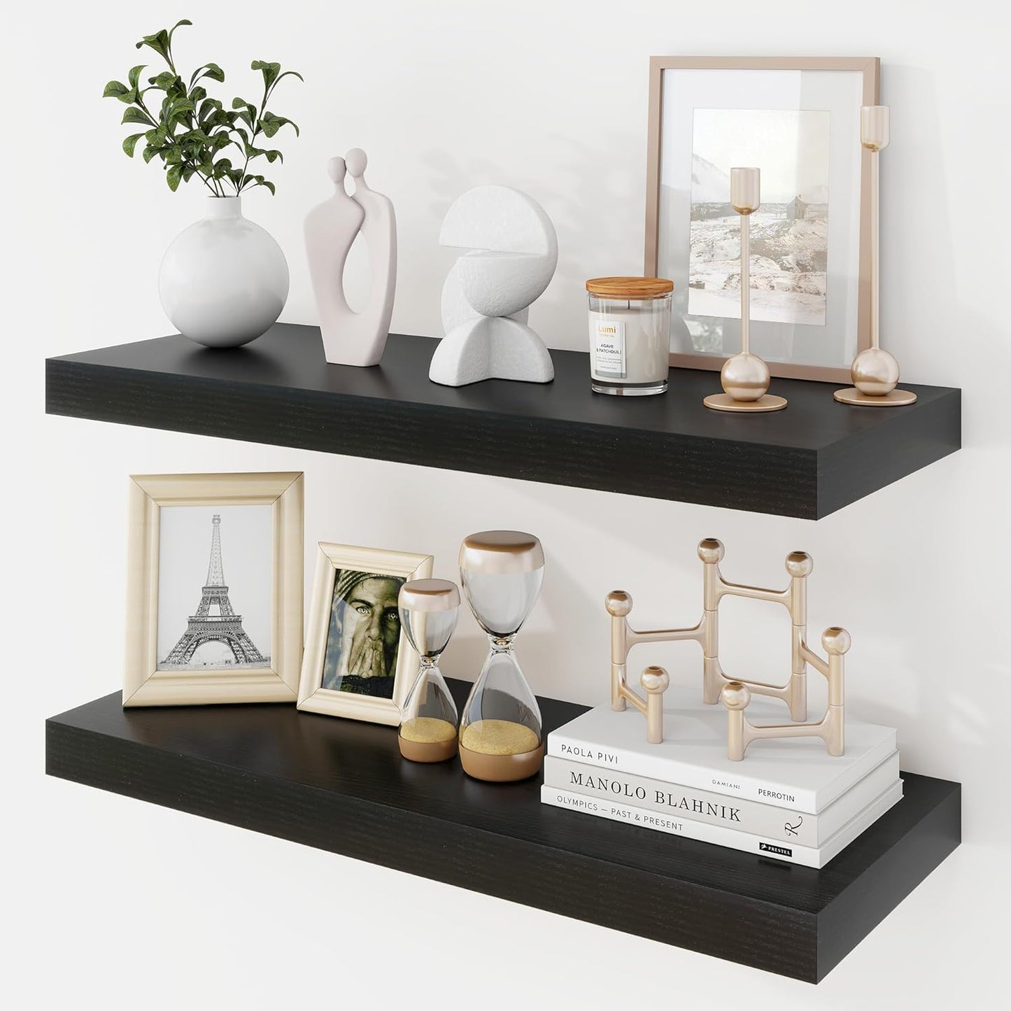 24 Inch Floating Shelves, 9.3" Deep Floating Shelf Wall Mounted, 24" Wall Shelves, Rustic Deep Bookshelf, Large Display Shelves & Storage Shelves for Bedroom, Living Room, Black, Set of 2