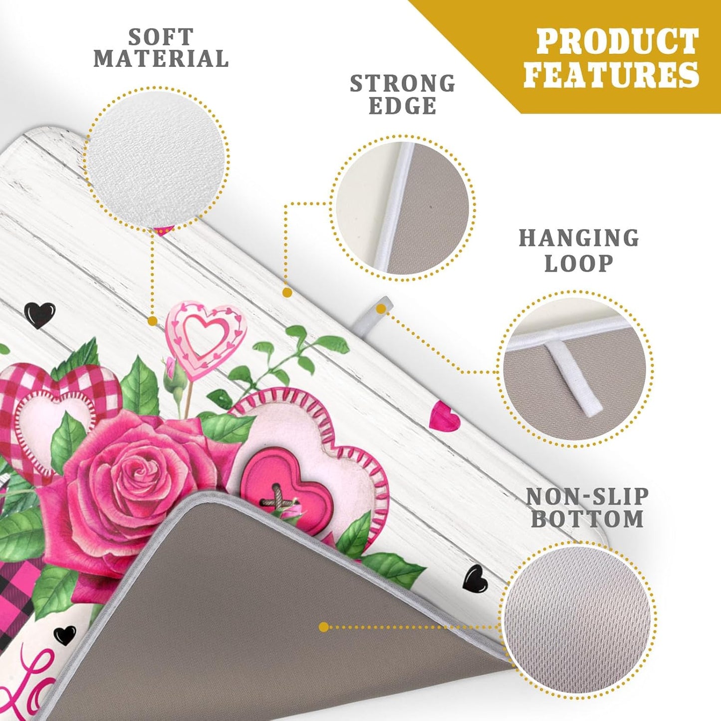 Valentine's Day Rose Flower Dish Drying Mat for Kitchen Counter,Mason Jar Pink Love Heart Drying Mat 18 x 24 Inch with High Absorbent Microfiber Drainer Mat for Coffee Bar