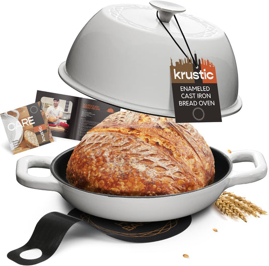 Enameled Cast Iron Dutch Oven for Sourdough Bread Baking | 6 Quart Pot with Lid | 10 Inch Ceramic Enamel Thick Coated Cookware Set with Non Stick Silicone Baking Mat for Cooking | 6 Qt | White