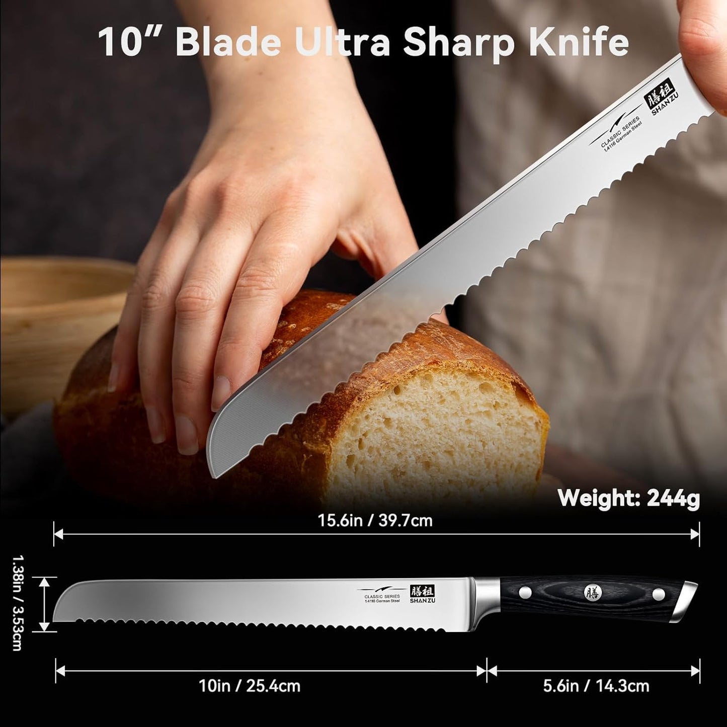 SHAN ZU 10" Bread Knife - Sourdough Slicing Knife Professional German 1.4116 Stainless Steel Serrated Blade, Ergonomic Wood Handle & Full Tang Design, Gift Box Included (Single-Edge