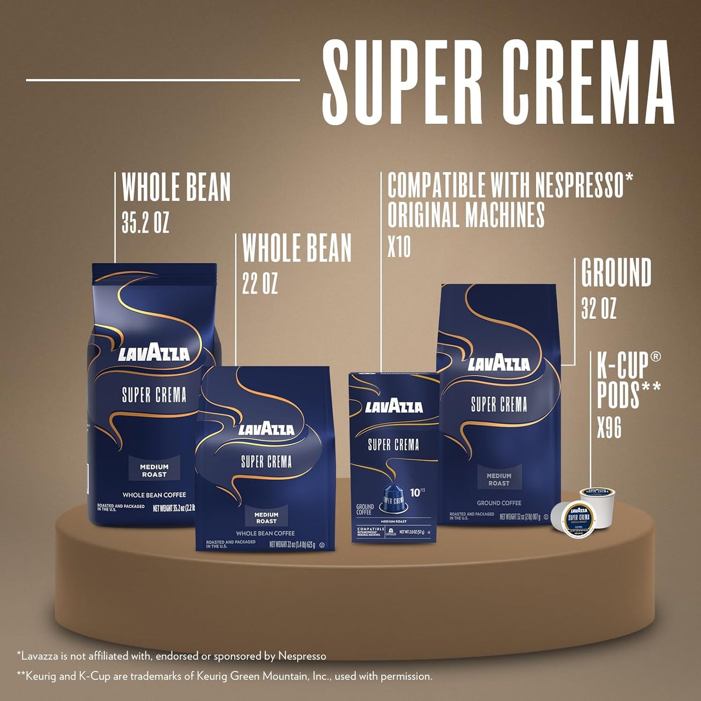 Lavazza Super Crema Whole Bean Coffee, Medium Espresso Roast, Arabica and Robusta Blend, 2.2 lb Bag (Pack of 3)