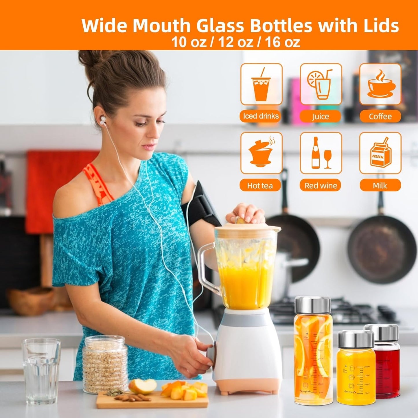 Glass Juice Bottles 6 Pack 16 oz - Wide Mouth Glass Water Bottles with Lids - for Juicing, Smoothies, Milk, Protein, BPA Free, Reusable, Stainless Steel Lids, Leak Proof, Shaker bottle (16oz/500ml)