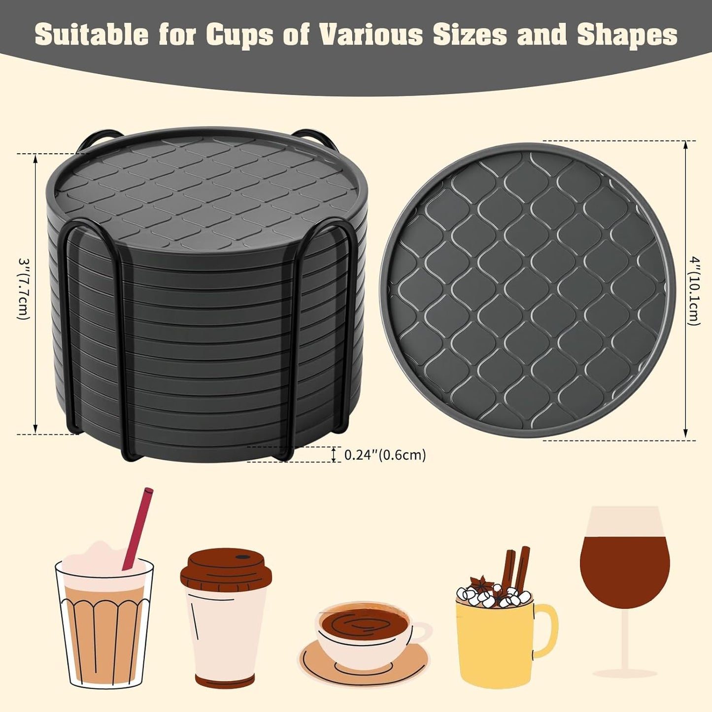 Coasters,Drink Coasters Set of 8 with Holder (Gray, 12pcs)