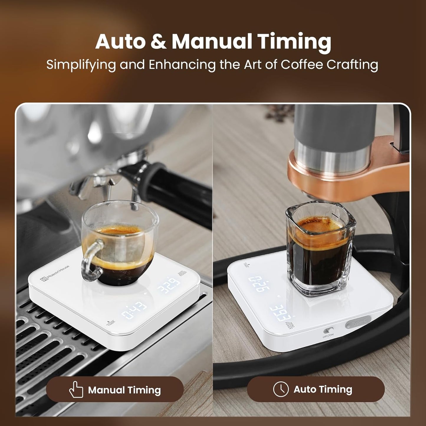 Rechargeable Mini Coffee Scale with Timer, Maestri House Espresso Scale, 2kg/0.1g Accurate Scale for Espresso and Pour-Over Coffee, Portable Digital Kitchen Scale with Automatic Timing（White）