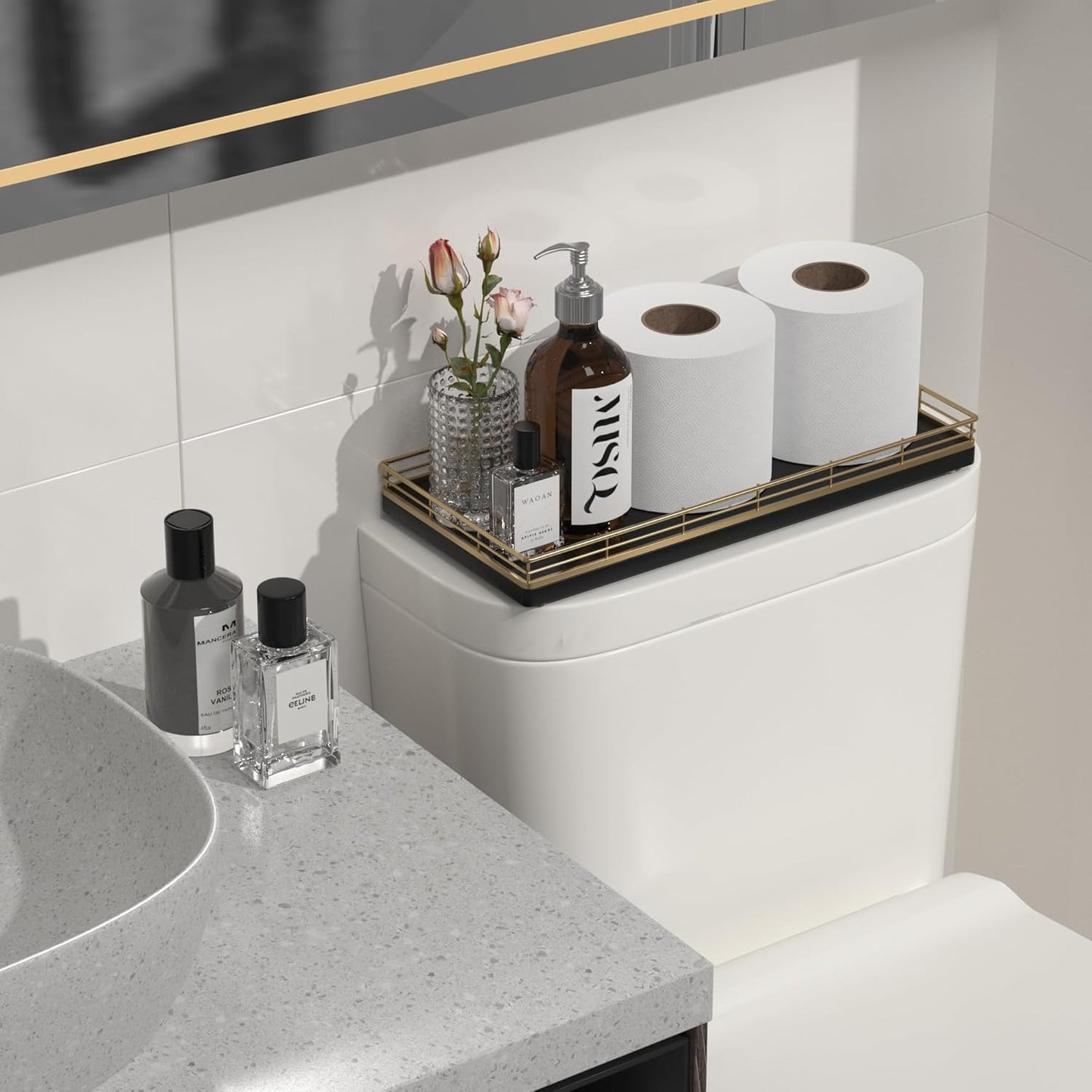 Oak Bathroom Toilet Tank Tray, 13" Paper Storage Basket Tray Back of Toilet Basket Organizer, for Perfume Makeup Candle Kitchen Counter Coffee Table Gold Decor