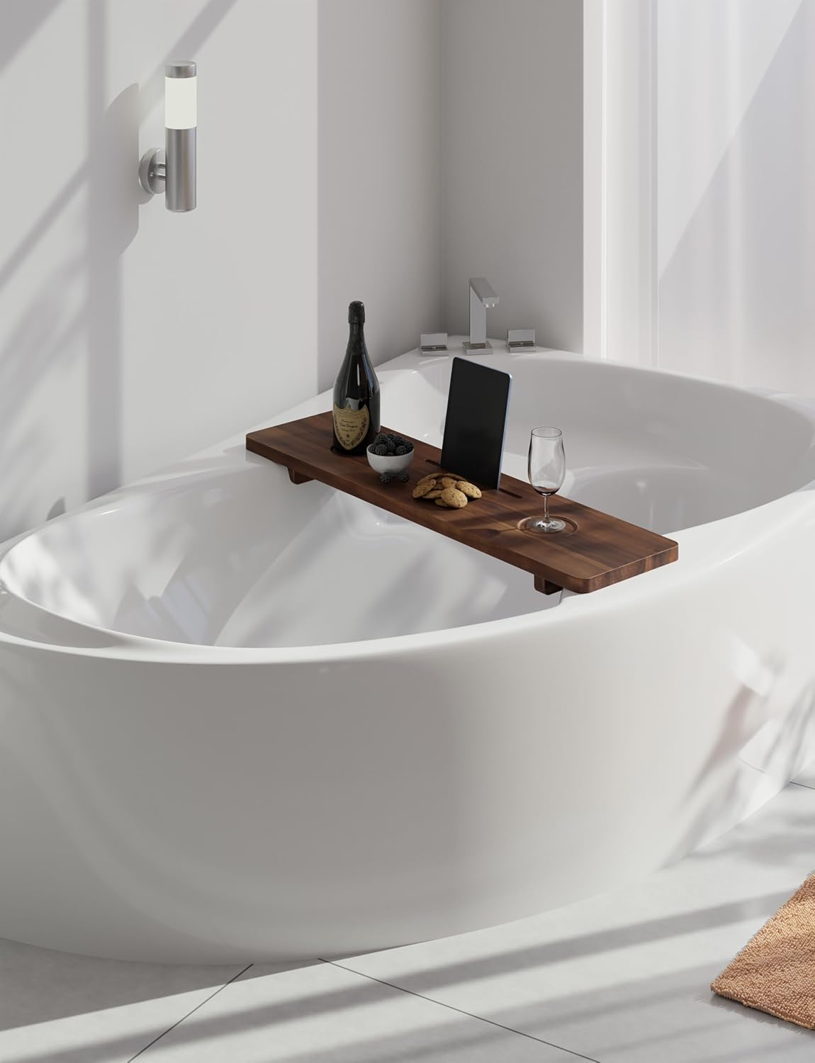 Tinamo 35”L Wooden Bathtub Tray, Bathtub Caddy Tray For Tub with Tablet Slot & Wine Holder - Acacia Bath Tray For Tub, Bath Table - Bathtub Tray Table with Adjustable Legs (Walnut color, 35"x 9"x2.5")