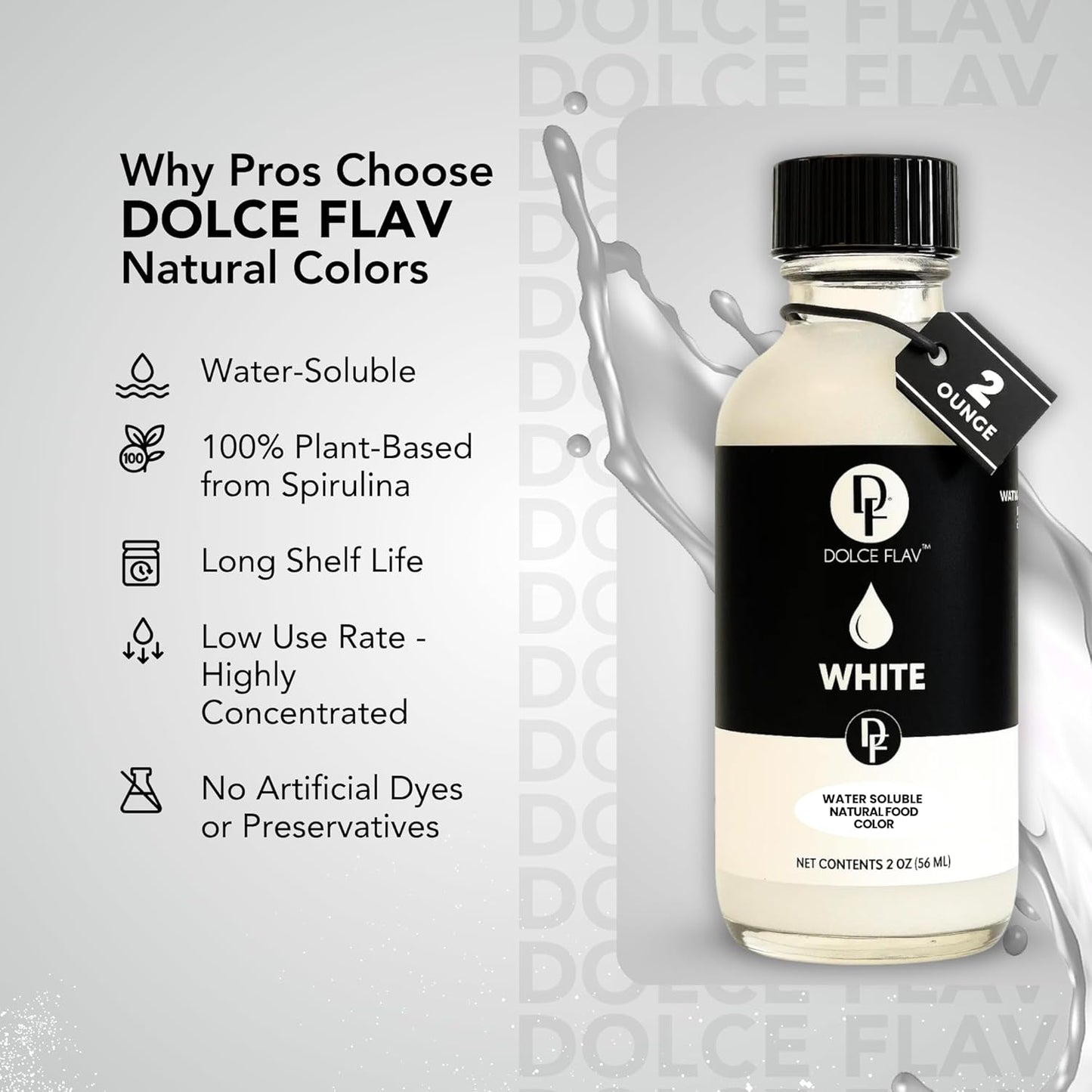 Dolce Flav Natural White Food Coloring – 2 oz Liquid Whitening Dye from Palm Oil with Graduated Dropper | Water-Soluble | For Frostings, Fillings & Beverages | Kosher | Made in USA
