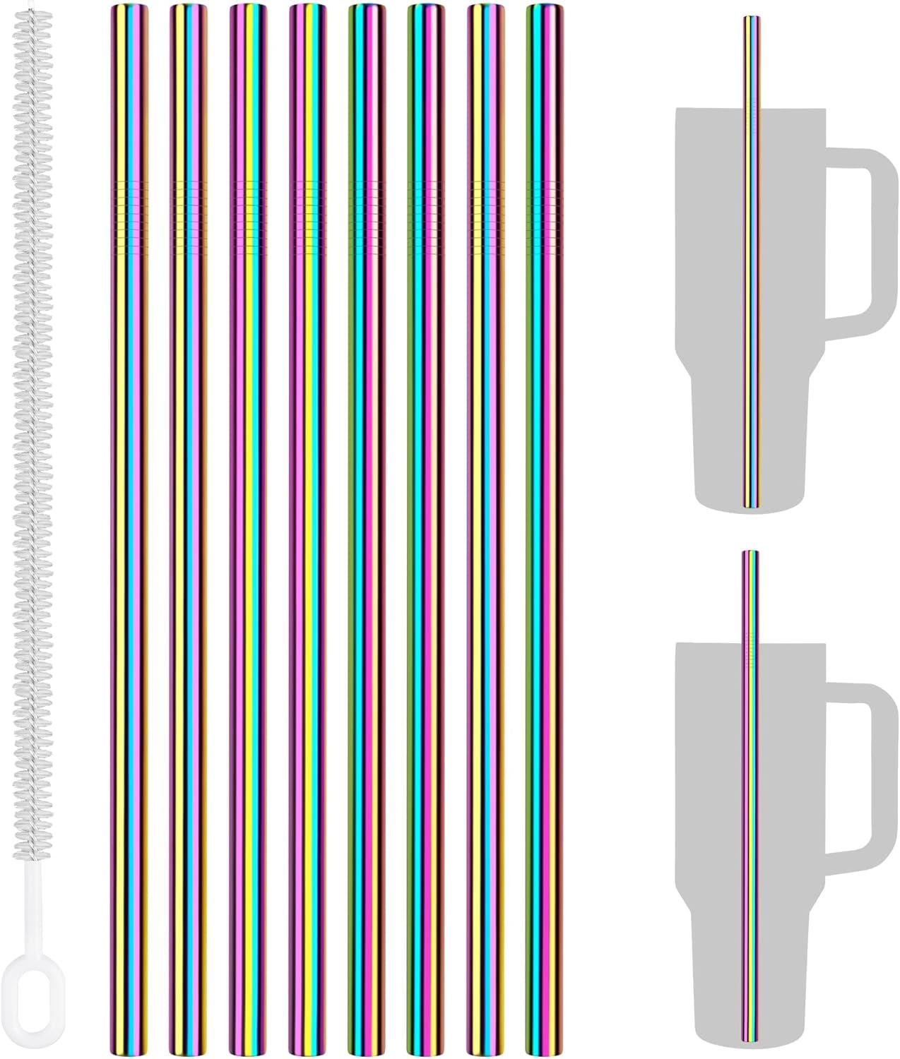 Tomorotec 8PCS Stainless Steel Straws for Stanley Tumbler 40oz, 12" Metal Straws for Stanley Cup with Brush, Reusable Drinking Straws for Smoothies, Milkshakes, Dishwasher Safe & BPA-Free (Iridescent)