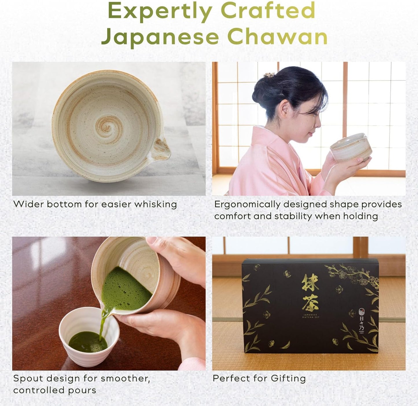 Japanese Matcha Set | Matcha Bowl with Spout | Whisk & Holder | Bamboo Scoop & Stainless Sifter | 5-Piece Traditional Matcha Kit | Designed in Japan |「Rustic Beige」