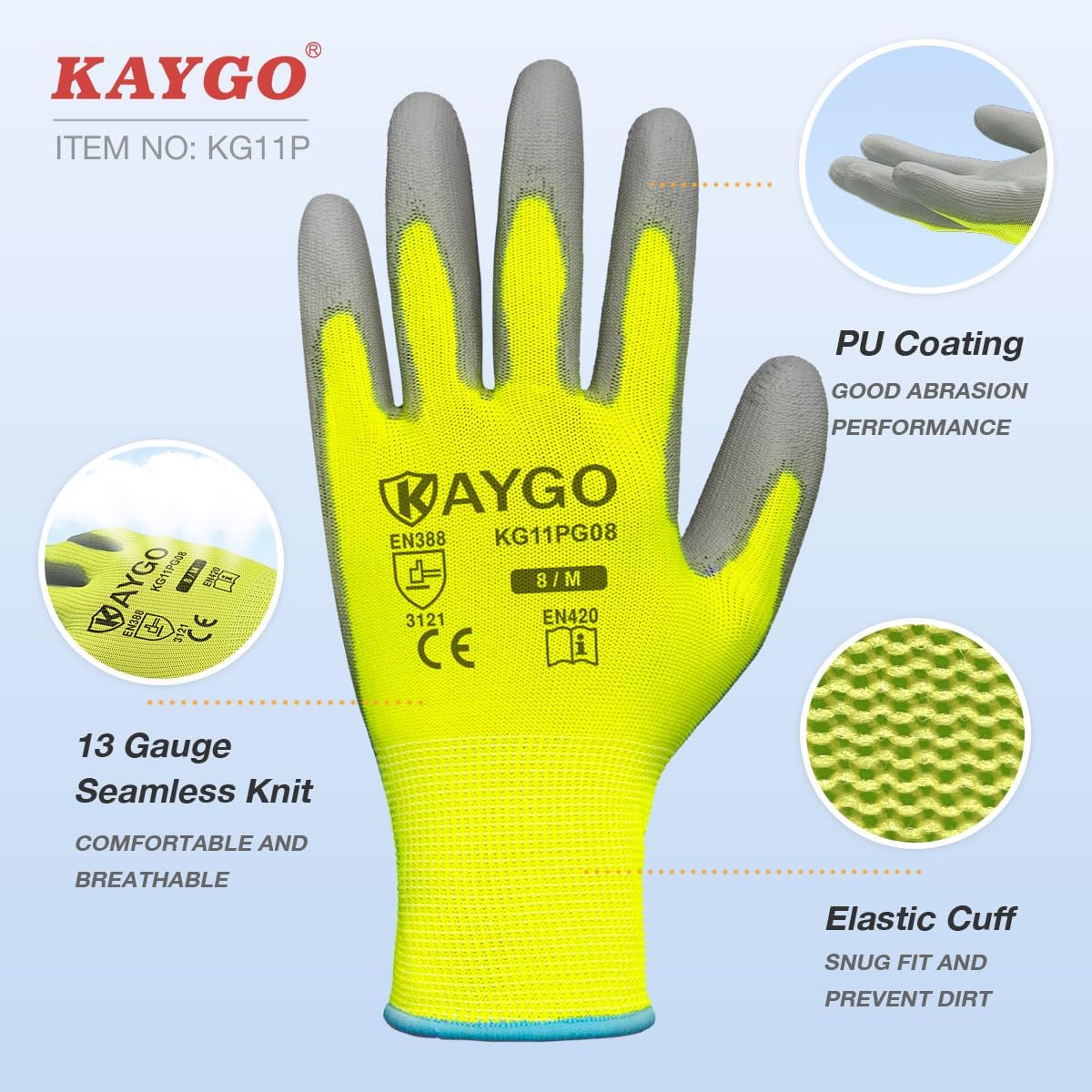 KAYGO Medium Green Safety Work Gloves, PU Coated, 12 Pairs, KG11PB