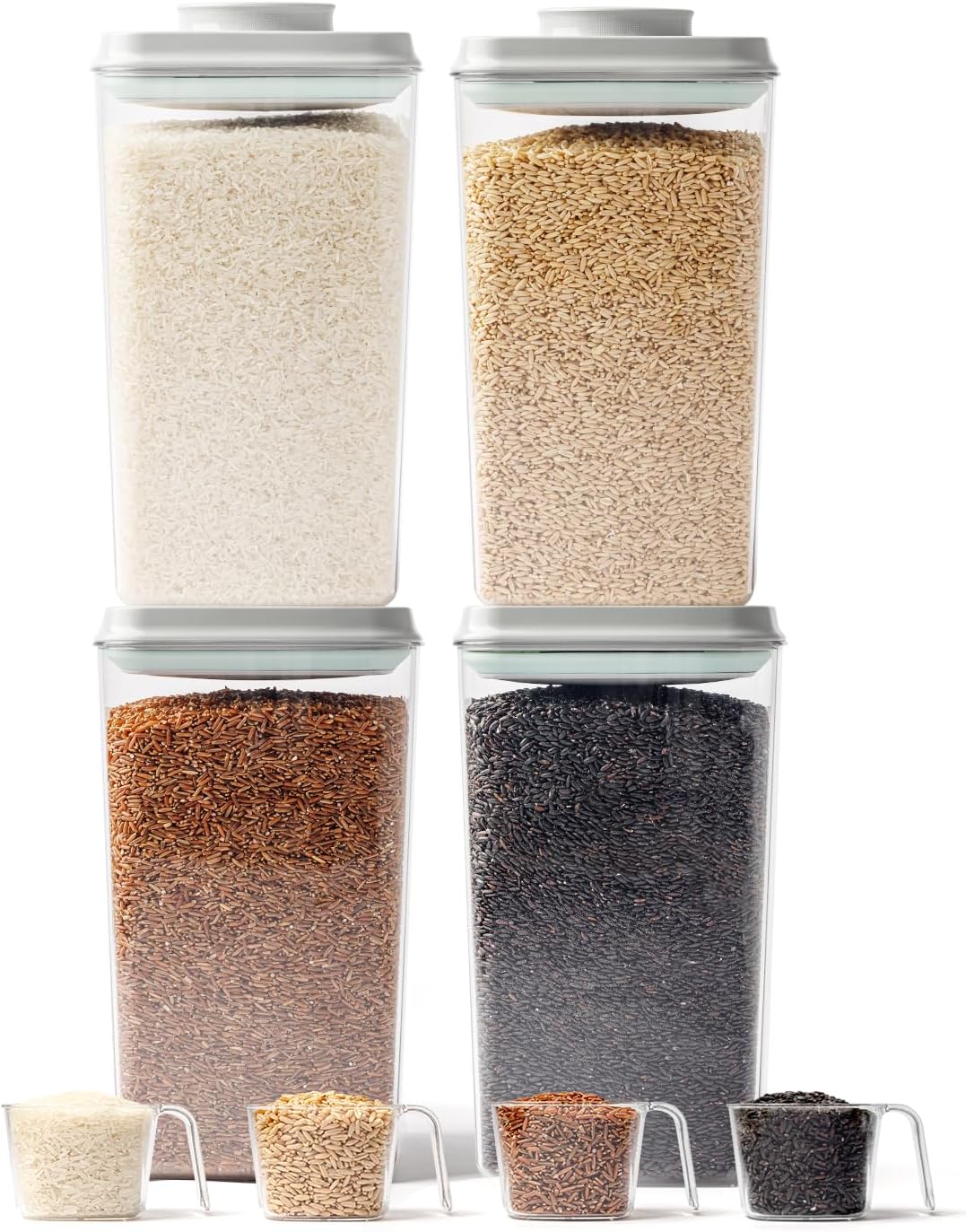 4 Pack Airtight Food Storage Containers with One-Hand Pop Lid, 4.23Qt Rice & Grain Organizer Set with Measuring Scoop, Stackable BPA-Free Kitchen Pantry Bins for Flour, Rice, Cereal, Pet Food