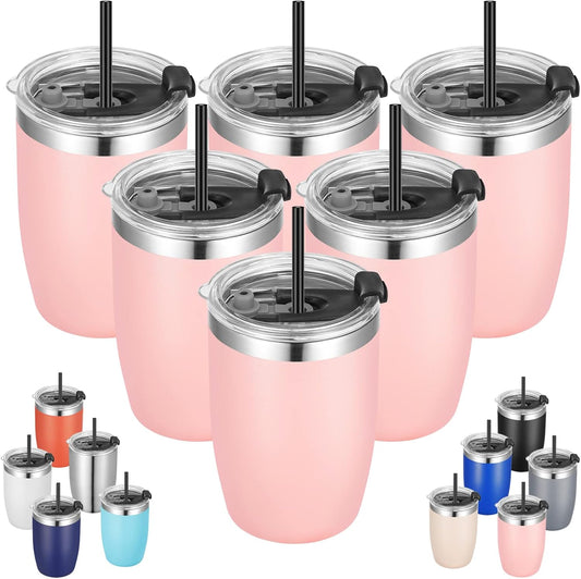 VEGOND Stainless Steel 12 oz Tumblers bulk Vacuum Insulated Double Wall Travel Tumbler with Lid and Straw Reusable Tumbler, Pink 6 pack