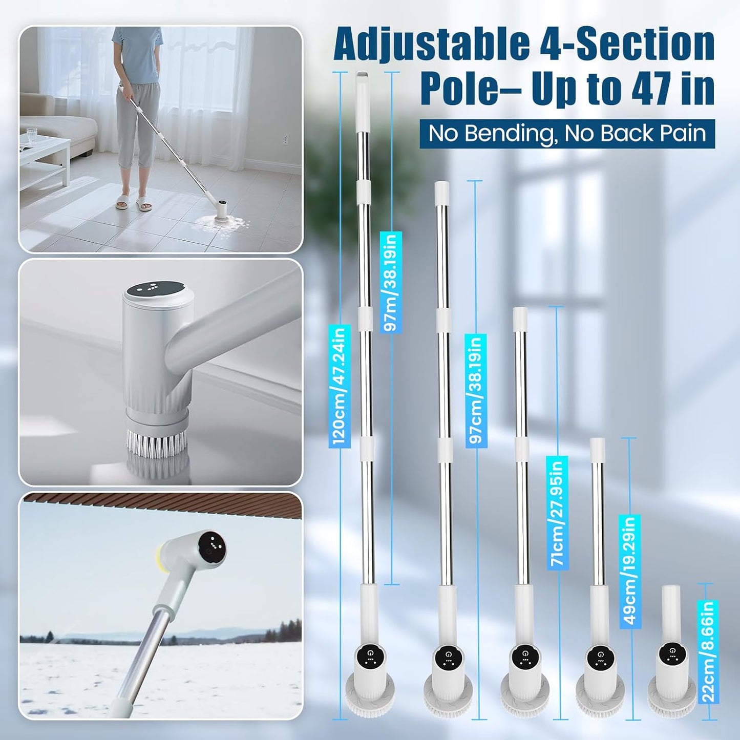 AIRROBO Electric Spin Scrubber, Cordless Electric Scrubber for Cleaning, 300 Mins Runtime, 6 Brush Heads, 47" Adjustable Handle, IPX7 Waterproof for Bathroom, Kitchen, Floors, Tiles, Car Cleaning