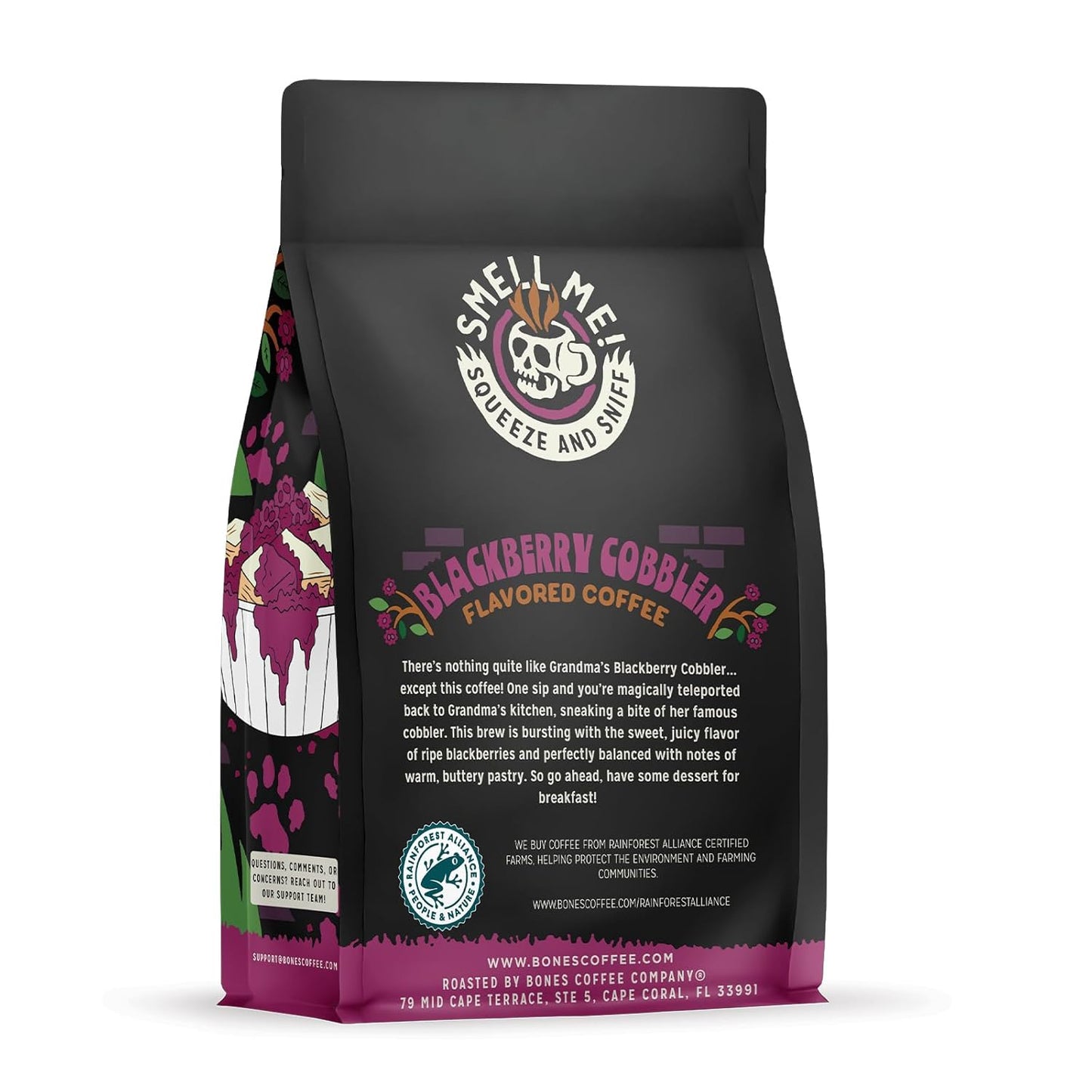 Bones Coffee Company Blackberry Cobbler Flavored Coffee Beans, Whole Bean Coffee Medium Roast Low Acid, Blackberry Cobbler Flavor (12 oz)