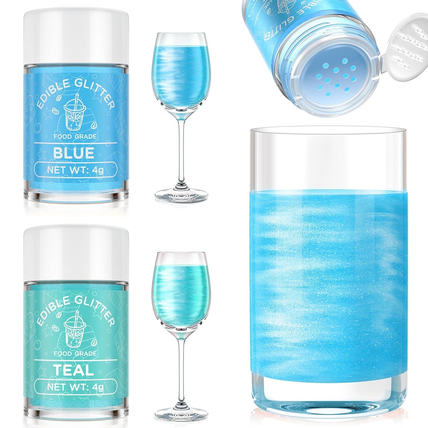 Cherrysea Edible Glitter for Drinks Cocktails Food Grade Edible Drink Shimmer Powder for DIY Champagne Beverages Wine 2 Colors Vegan Edible Luster Dust Set 4g/Bottle Gluten Free - Teal+Blue