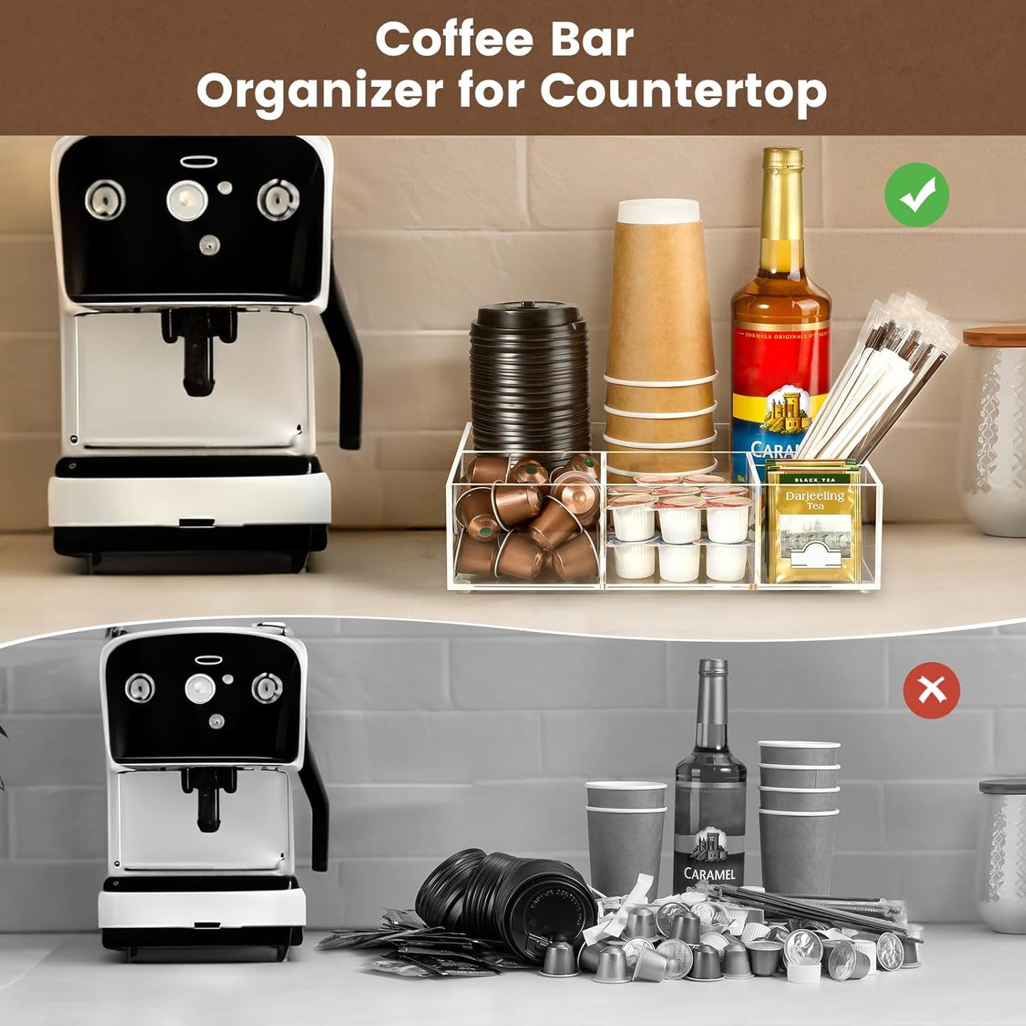 BEYGORM Acrylic Coffee Bar Station Organizer for Countertop,Office Breakroom Clear Snack Tea Storage Accessories Holder for Kcup Pod Condiment Cup Sugar Creamer Syrup, Gift for Coffee Lovers