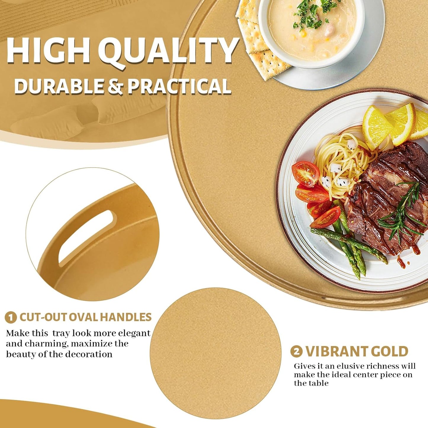 MAONAME 13" Gold Round Decorative Tray for Coffee Table, Modern Serving Tray with Handles, Plastic Ottoman Trays, Bathroom Decor