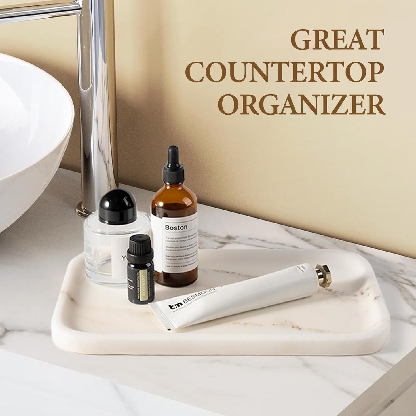 Koville Marble Tray, 12"x8" Marble Vanity Tray for Bathroom Kitchen Countertop, Rectangular Stone Tray for Cosmetics Perfume Trinket, Decorative Catchall Trays (Oriental Calacatta)