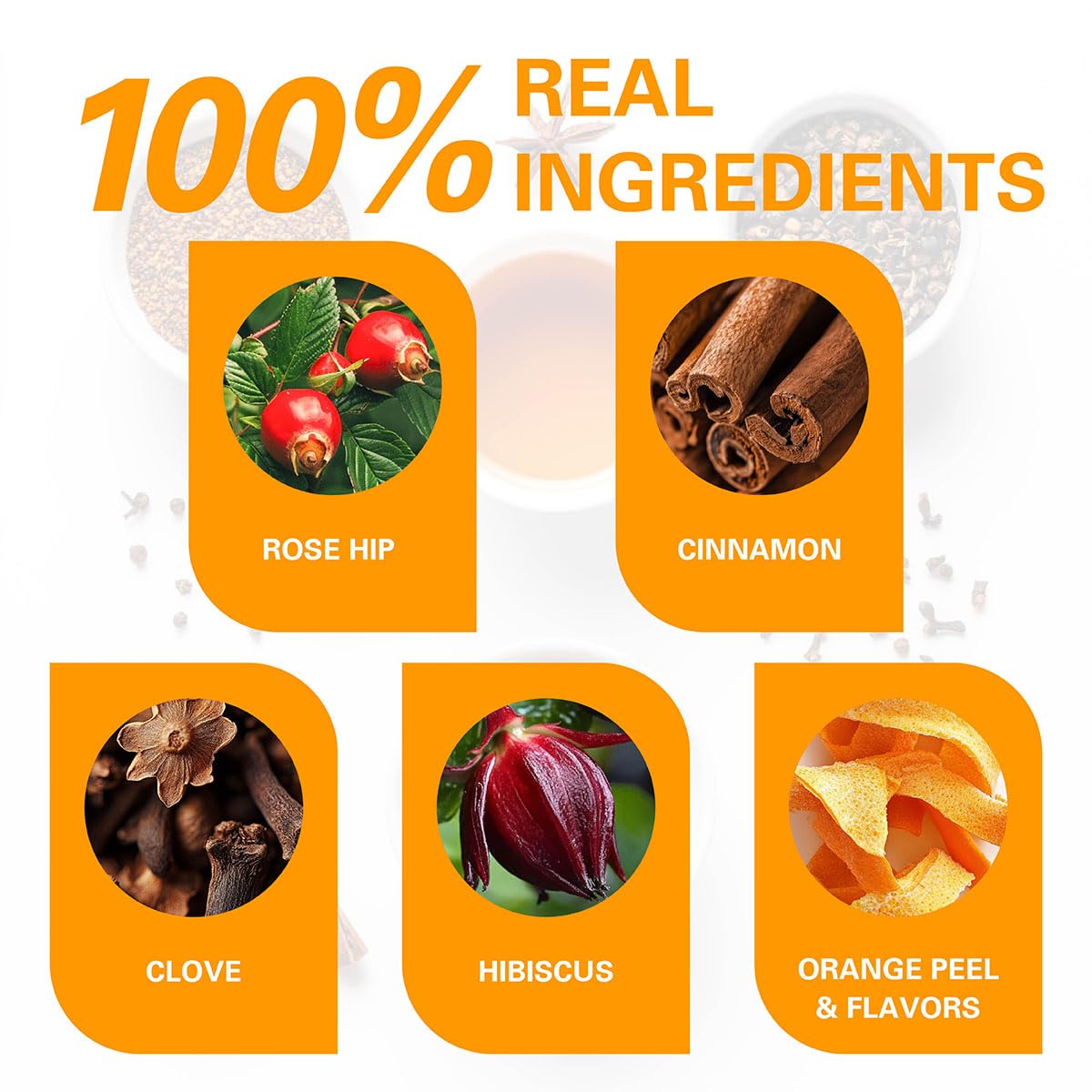 WT WEETEE Orange Spice Herbal Tea Bags, 2.5g x 50 Counts, Sweet Spices Tea Includes Cinnamon, Clove, Orange Peel, Rose Hips, Hibiscus & More, Natural Caffeine-free