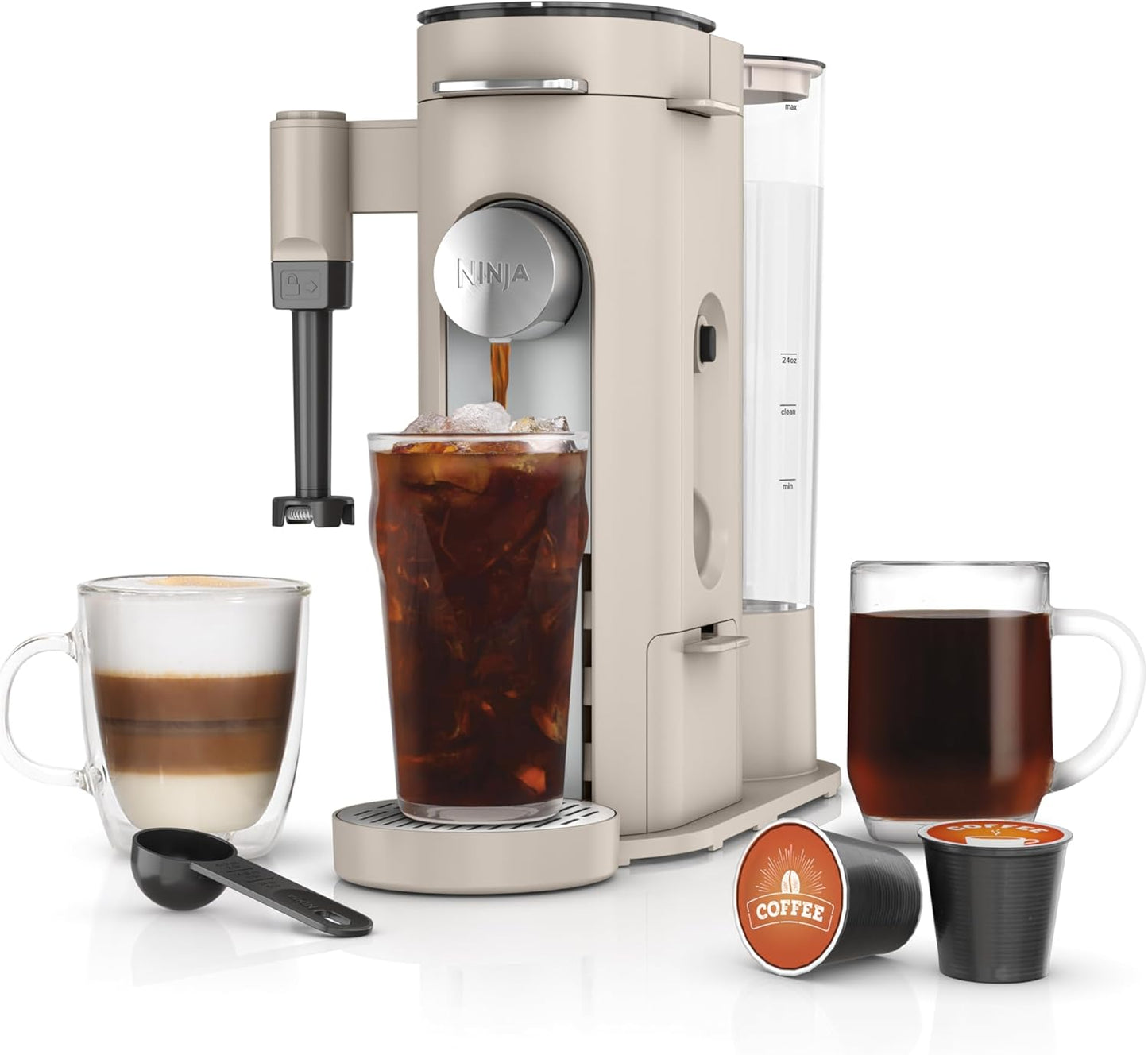 Ninja Pod & Grounds Specialty XL Single-Serve Coffee Maker, K-Cup Pod Compatible, Brews Grounds, Compact Design, Built-In Milk Frother, 68-oz. Reservoir, 6-oz. Cup to 24-oz. Mug Sizes, Stone, PB055AST