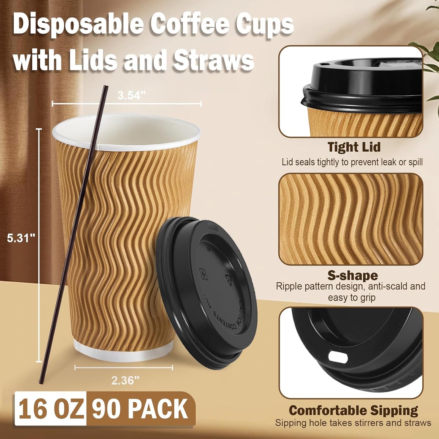 80 Pack 16 OZ Disposable Coffee Cups with Lids and Straws, Insulated Paper Coffee Cups with Lids, Corrugated Ripple Wall To Go Cups for Hot Drink, Coffee, Hot Chocolate, Water, Juice - Champagne