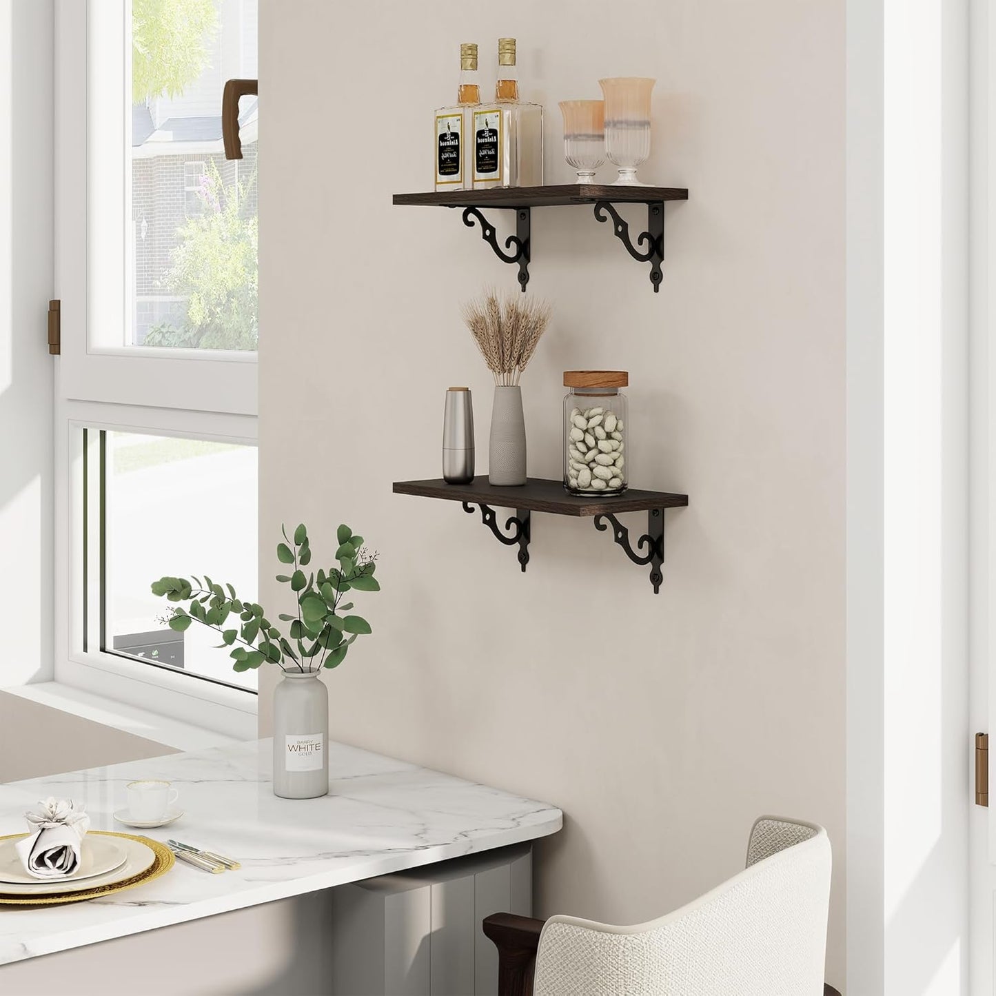 RICHFOCUS Floating Shelves for Wall Decor, 8 Inch Deep Wall Shelves Set of 2, 16W x 8D Black Floating Shelves Wall Mounted with Metal Brackets, Rustic Wood Shelves for Living Room Bedroom Kitchen