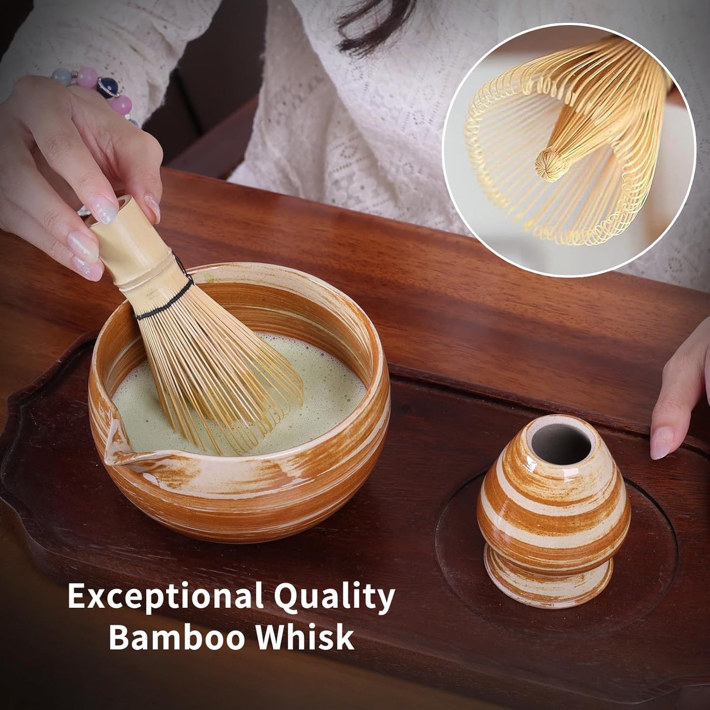 Japanese Matcha Whisk Set - 6-Piece Kit with Bamboo Chasen, Matcha Ceramic Bowl with Spout, Stainless Steel Sifter Yellow