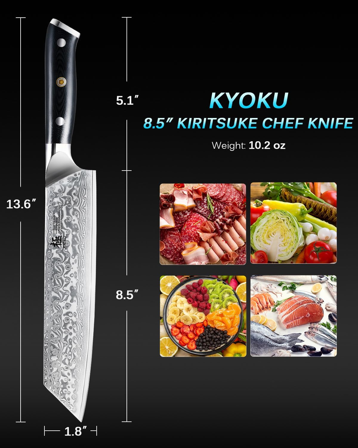 KYOKU Kiritsuke Chef Knife - Gin Series - 8.5" Multipurpose Professional Chef Knife, Japanese VG10 Damascus Stainless Steel Kitchen Knife with Silver Ion Blade G10 Handle Mosaic Pin