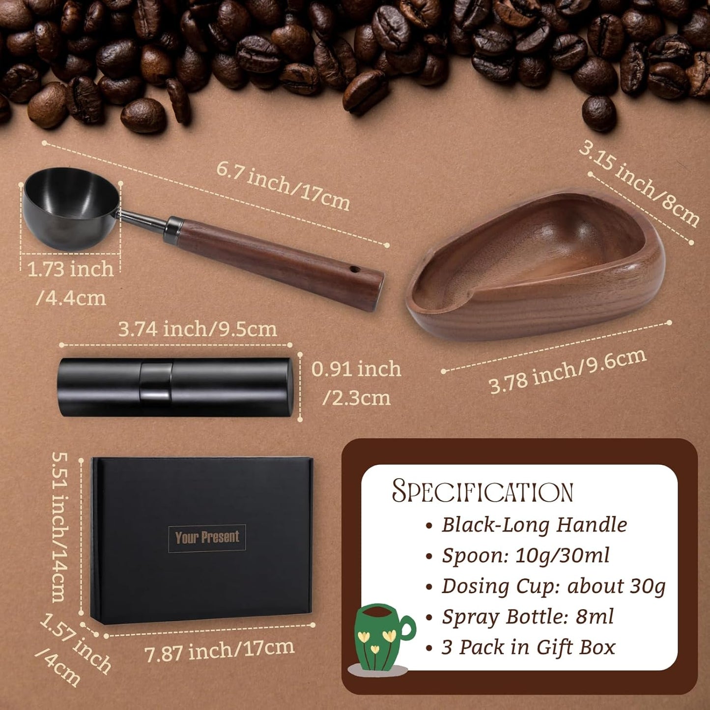 3pcs Coffee Bean Dosing Cup Set with Gift Box, Dosing Walnut Wood Cups Stainless Steel Spoon Portable Spray Bottle Static Reduction Precise Measuring for Espresso Tea Coffee Bar Accessories Kit