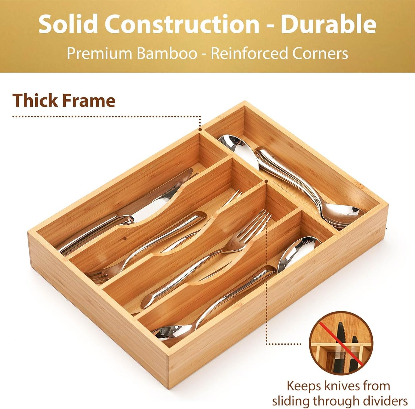 Umilife Kitchen Drawer Organizer, 10 Inch Silverware Utensil Tray Holder, Extra Deep, with Non-Slip Feet & Grooved Drawer Divider, 5 Slots Total Bamboo Wood Caddy for Flatware Cutlery Knives