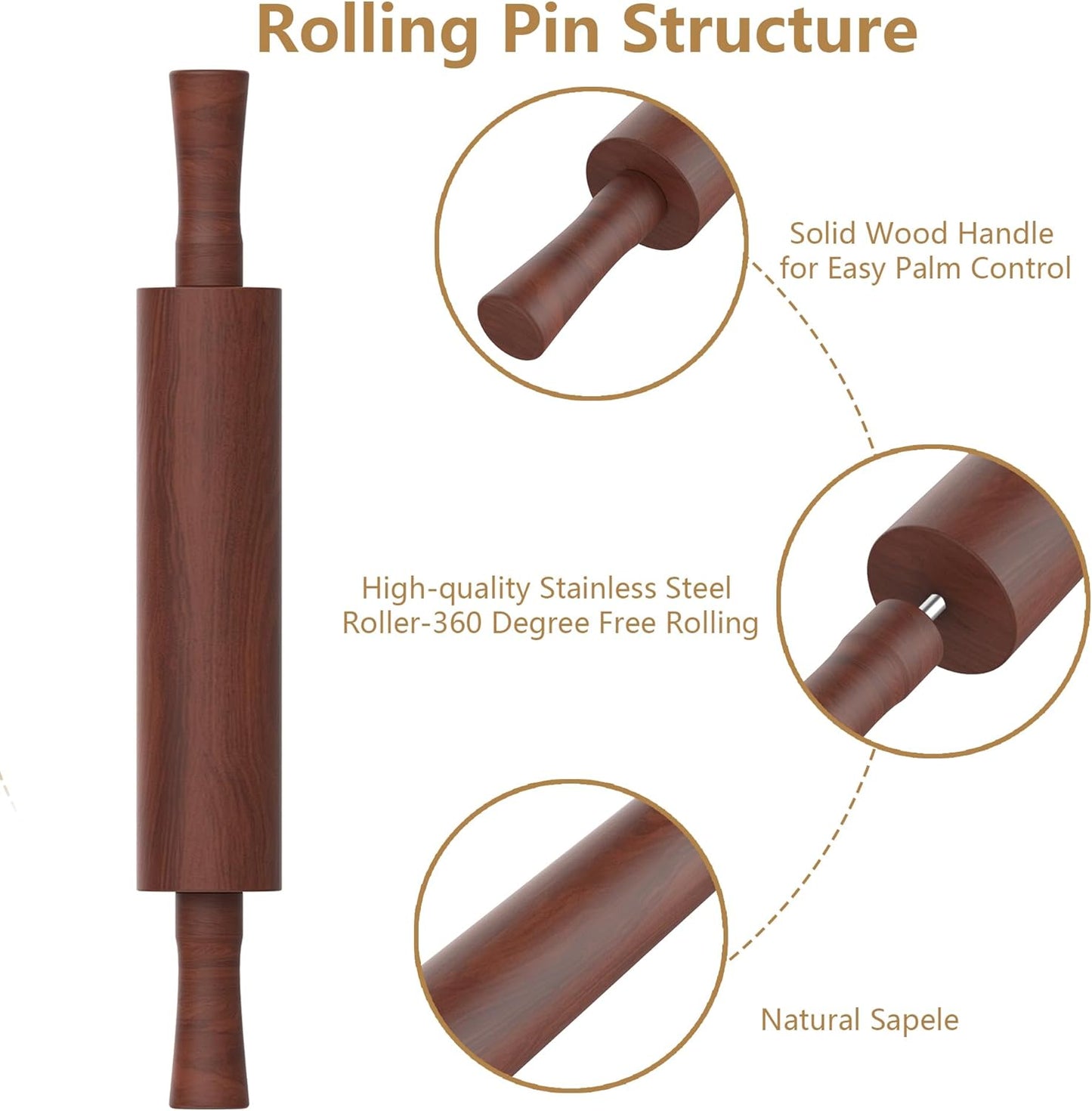 Classic Wooden Rolling Pin with Handle for Fondant, Pizza, Pies, Cookies, Pastries, Rolling Pin for Baking with 3 Multi-Color Thickness Rings, 17" x 2.5" (Include handle) Sapele Rolling Pin