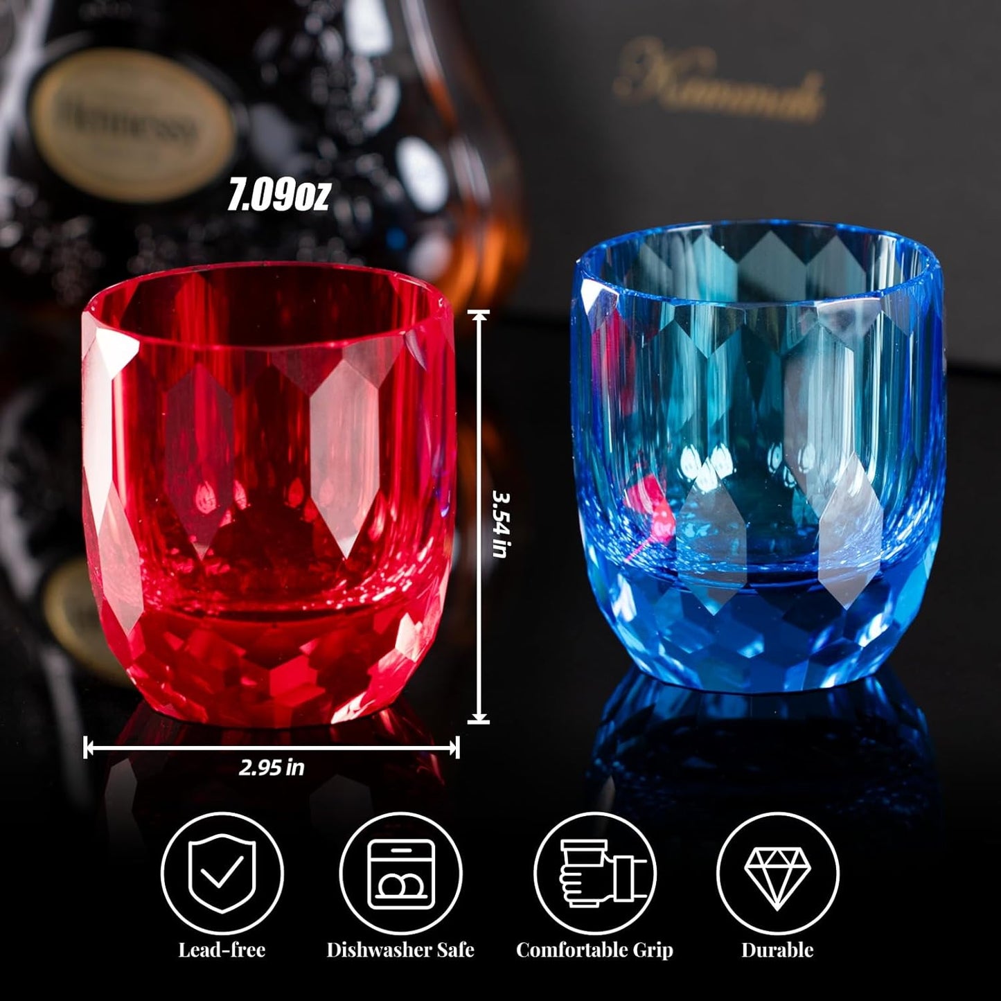 KAMMAK Crystal Whiskey Glasses Set of 2, 7oz Old Fashioned Glasses Stemless, Hand Blown Colored Cocktail Glasses, Engagement Gifts for Couples, Women, Men