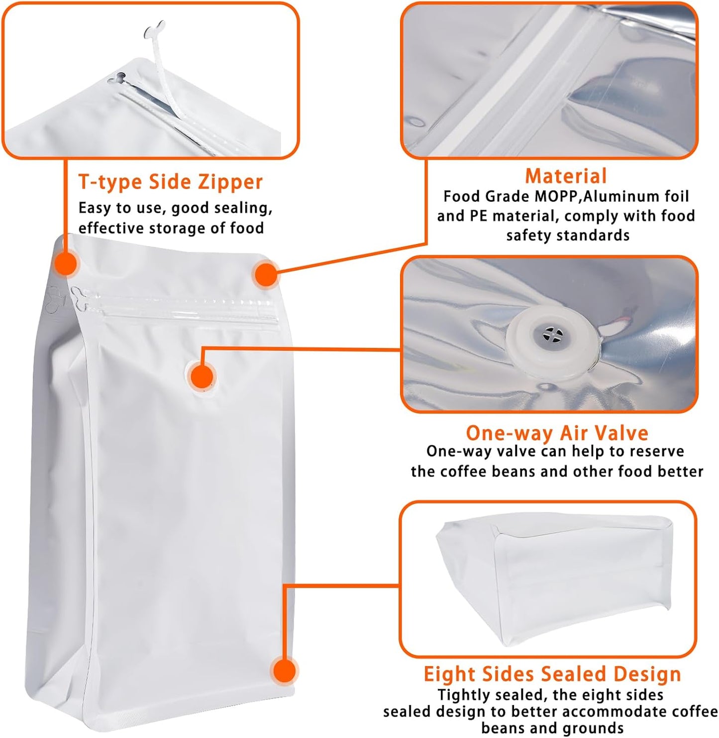 Coffee Bags with Valve (50 PCS,32oz/2lb) White High Barrier Aluminum Foil Flat Bottom Standing Coffee Beans Storage Packaging Bags, Reusable Heat Seal Side Zipper Pouches for Small Business and Home