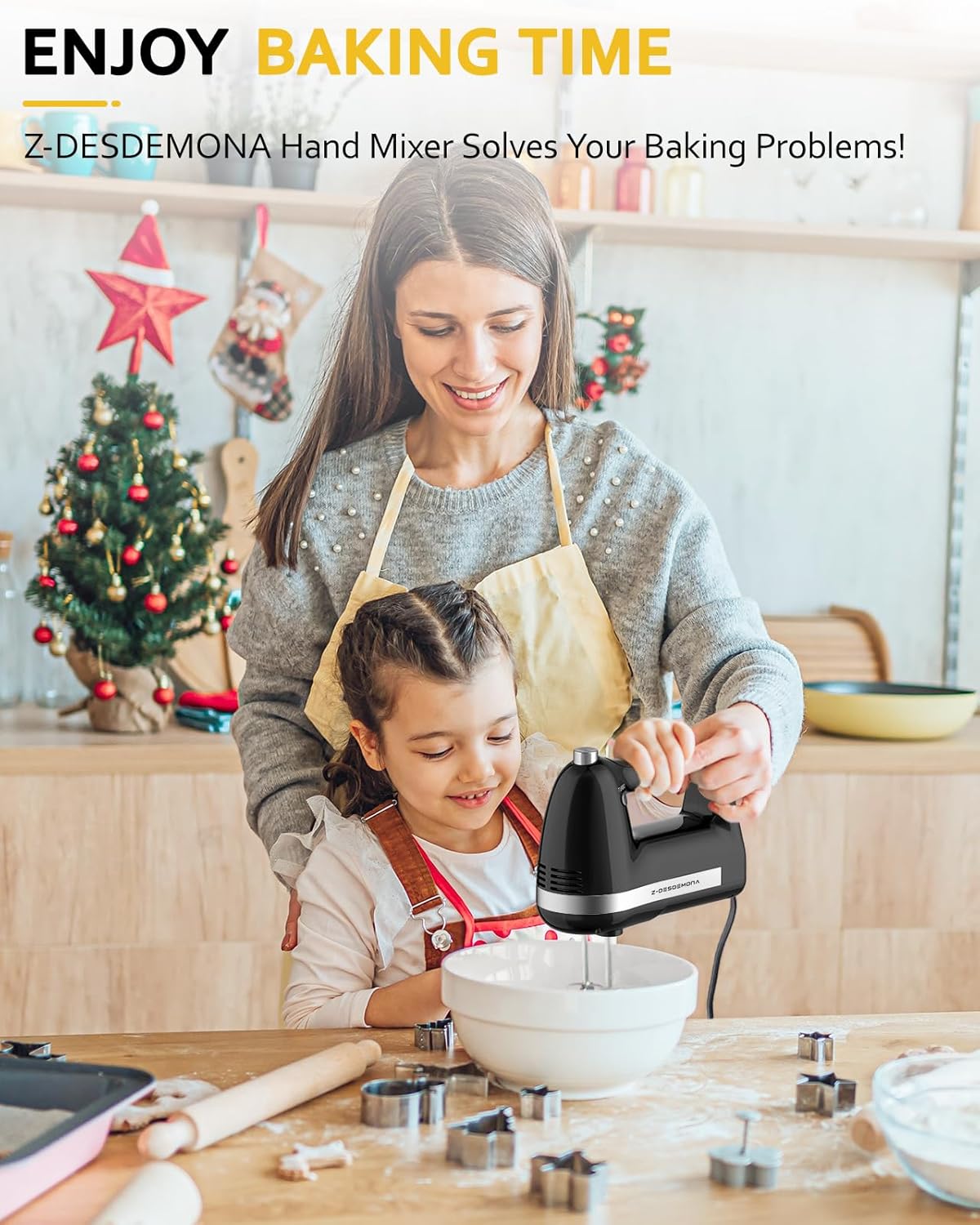 Electric Hand Mixer, Powerful 300W Hand Mixer Electric Handheld with 304 Beaters, Dough Hook,Hand Held Mixer with Turbo for Baking Cakes, Eggs, Cream Food(Black)