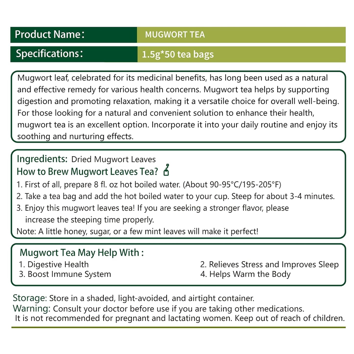 Samcci - Mugwort Tea Bag, 50 Teabags - 100% Natural Dried Mugwort leaves - No Sugar, No Caffeine, No Gluten, Vegan - Rich In Antioxidants