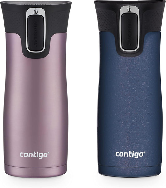 Contigo West Loop Stainless Steel Vacuum-Insulated Travel Mug with Spill-Proof Lid, Vervain; Midnight Berry, 16 Ounces, 2-Pack