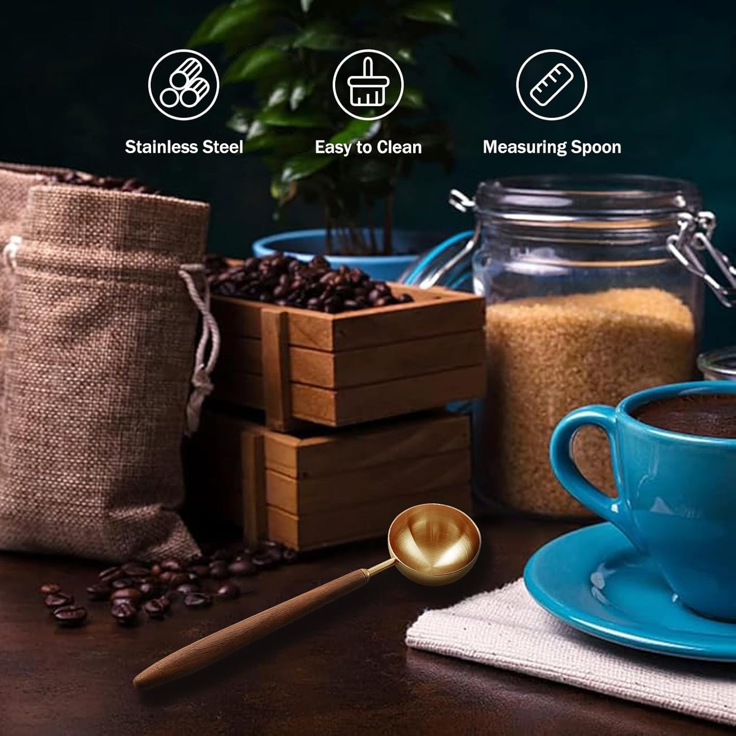 Coffee Spoon - Vintage Walnut Wood Handle, Stainless Steel Coffee Scoop ，Stainless Steel Tea Scoopand Seasoning Spoons (1, Rose Gold, 10g Capacity)