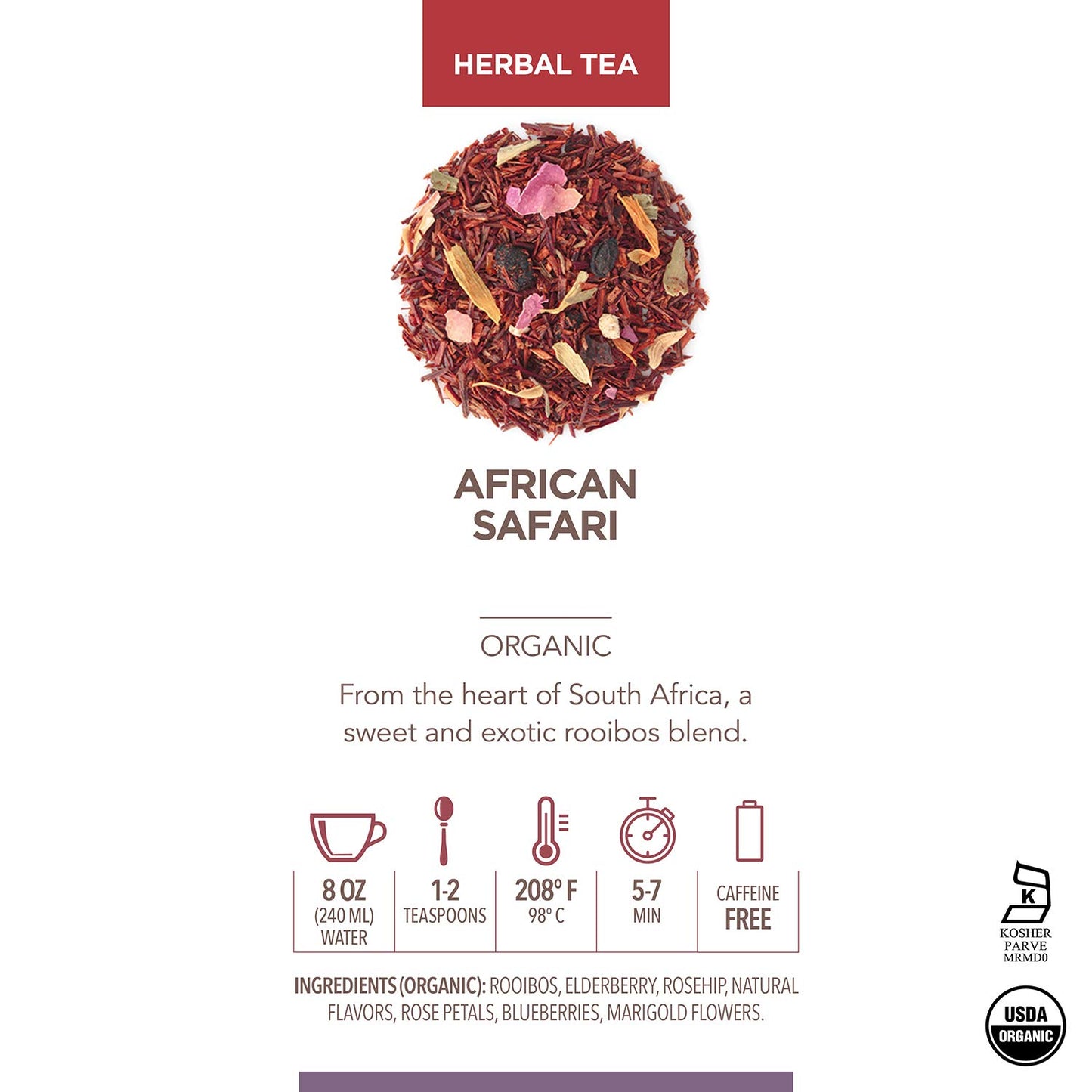 Teabloom Organic Herbal Tea, African Safari Loose Leaf Tea, Sweet Rooibos Blend with Berry Flavors and Vanilla, USDA Certified Organic, Fresh Whole Leaf Blend in Reusable Gift Canister, 3.53 oz/100 g Canister Makes 35-50 Cups