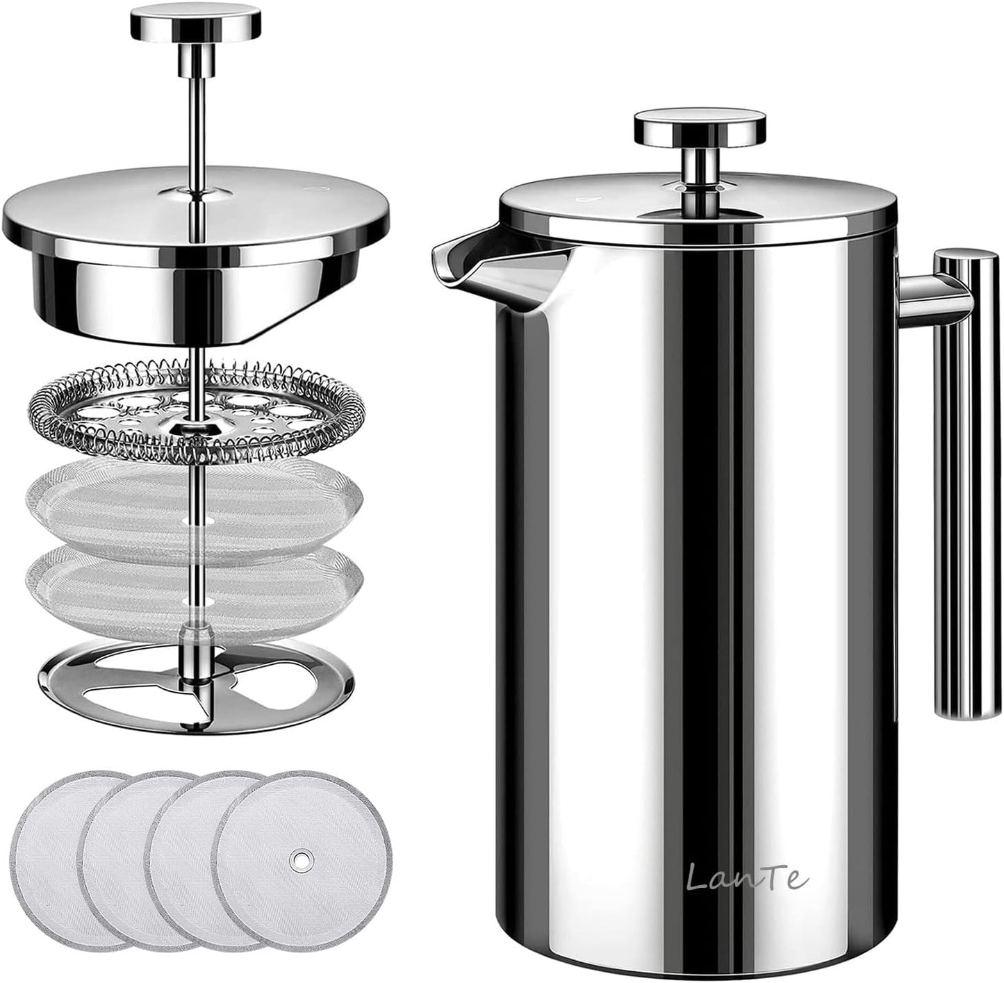 French Press, 600ml Double Insulated 304 Stainless Steel Coffee Tea Maker 4 Level Filtration System, No Coffee Grounds, Rust-Free, Dishwasher Safe for Single Use