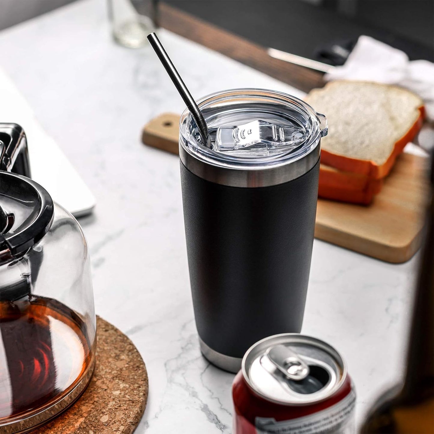 COMOOO 20oz Double Wall Vacuum Insulated Travel Mug, Stainless Steel Tumbler with Lid and Straw Durable Powder Coated Insulated Coffee Cup for Cold & Hot Drinks (Black, 12 pack