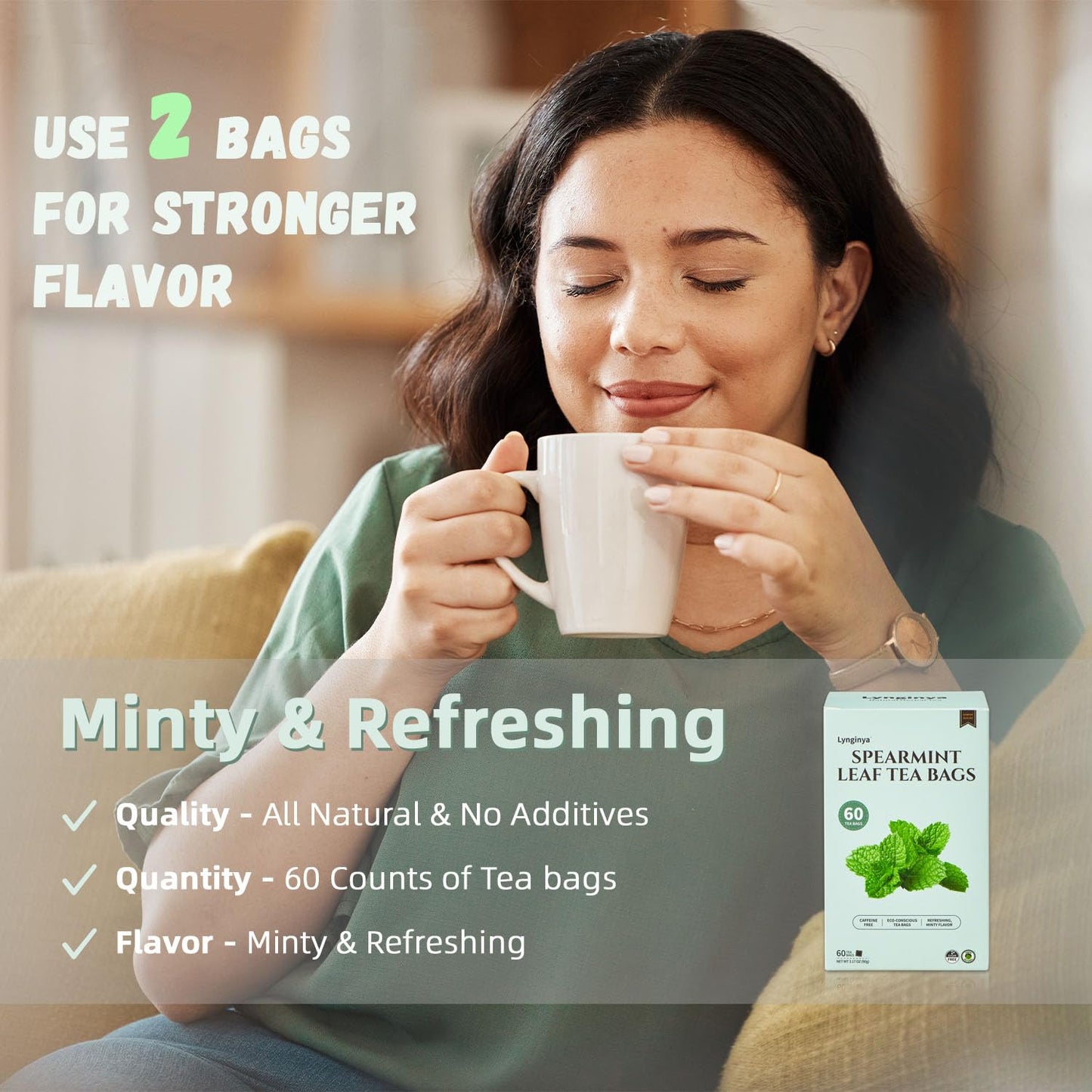 Lynginya Spearmint Tea, 60 Tea Bags - Premium Spearmint Leaves - Natural Herbal Tea - Refreshing & Minty - No Sugar & No Caffeine