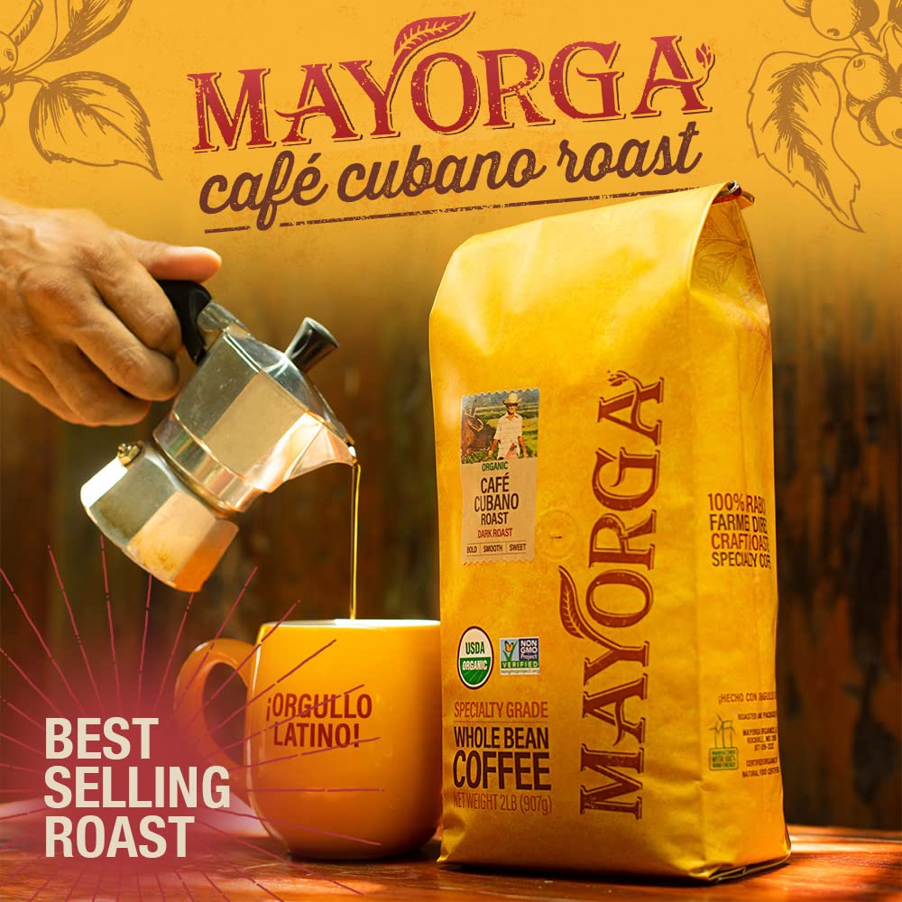 Mayorga Decaf Dark Roast 12oz Bag Cafe Swiss Water Decaffeinated Cubano Roast 100% Arabica Whole Coffee Beans - Smoothest Organic Coffee - Specialty Grade, Non-GMO, Direct Trade
