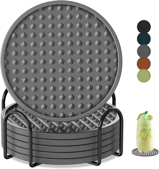 Coasters for Drinks 6 Pack Drink Coasters with Holder,Heat Resistant Silicone Cup Mat Tabletop Protection,Non-Slip Rubber Coaster for Kinds of Cups (Grey)