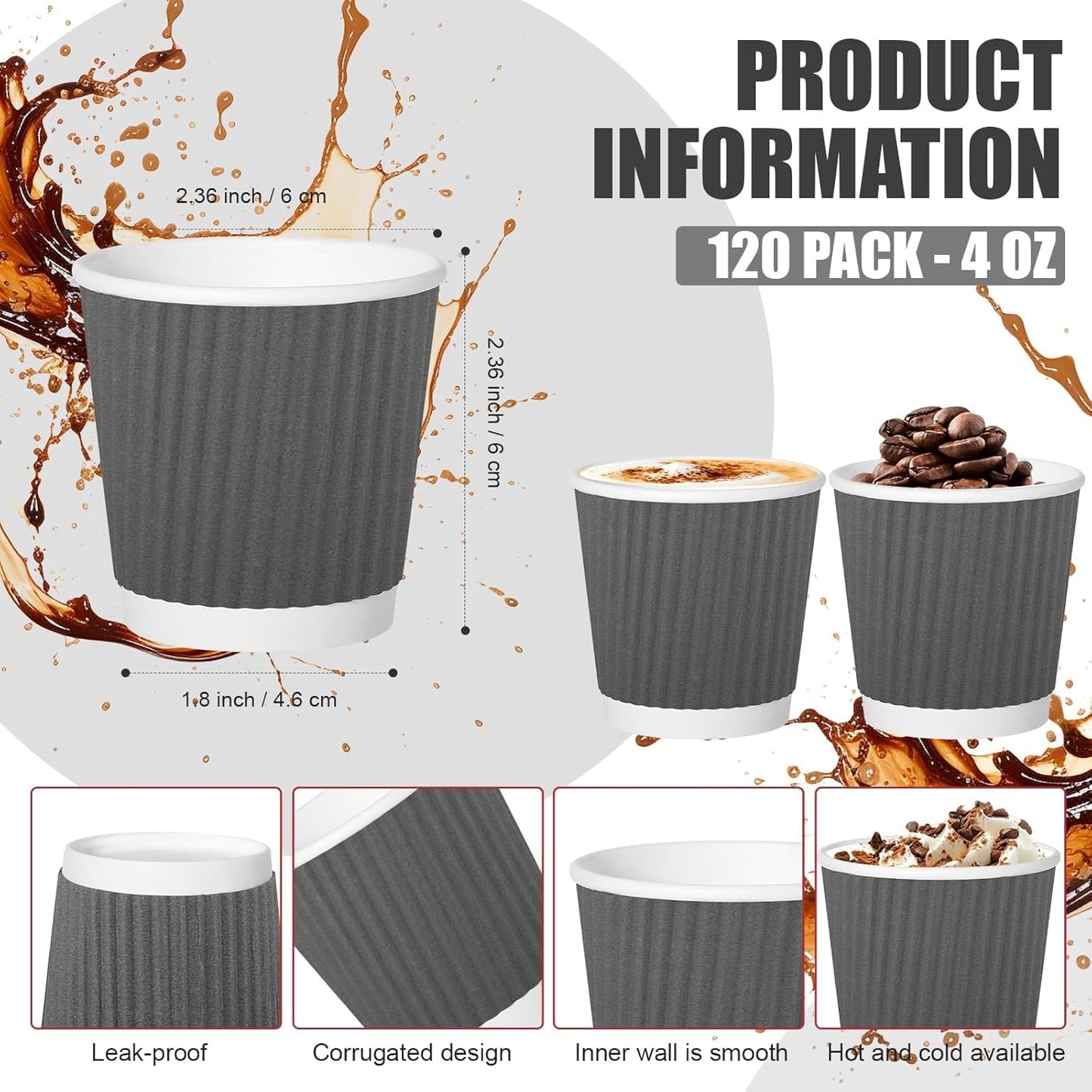 500 Pack Paper Espresso Coffee Cups, 4 oz Disposable Coffee Cups,Corrugated Insulated Ripple Wall, Paper Ripple Cup for Coffee, Hot Chocolate and Hot Tea Drinks -Gray
