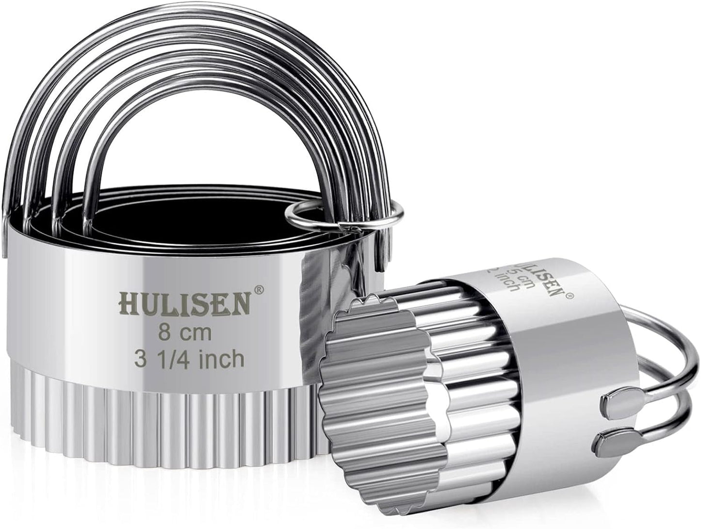 HULISEN Biscuit Cutter Set (5 Pieces/Set), Stainless Steel Round Biscuit Cutters with Handle, Wave Cookies Cutter with Fluted Edge, Professional Baking Dough Tools, Gift Package (Wave)