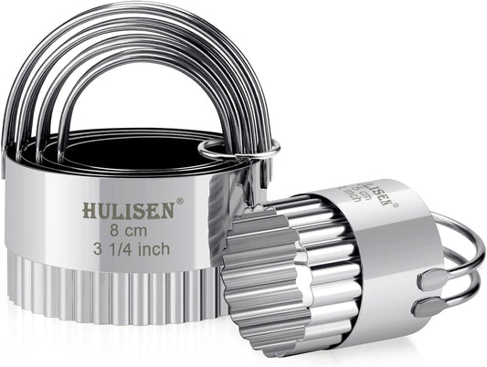 HULISEN Biscuit Cutter Set (5 Pieces/Set), Stainless Steel Round Biscuit Cutters with Handle, Wave Cookies Cutter with Fluted Edge, Professional Baking Dough Tools, Gift Package (Wave)